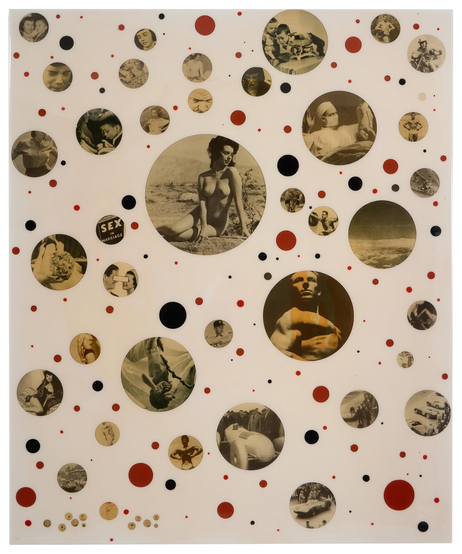 Derek Cracco (American/Alabama, b. 1968), "Bubbles," 2010, H.- 36 in., W.- 30 in., D.- 2 1/4 in.: Derek Cracco (American/Alabama, b. 1968), "Bubbles," 2010, acrylic and mixed media on wood panel with wood side supports, signed and dated en verso, H.- 36 in., W.- 30 in., D.- 2 1/4 in.