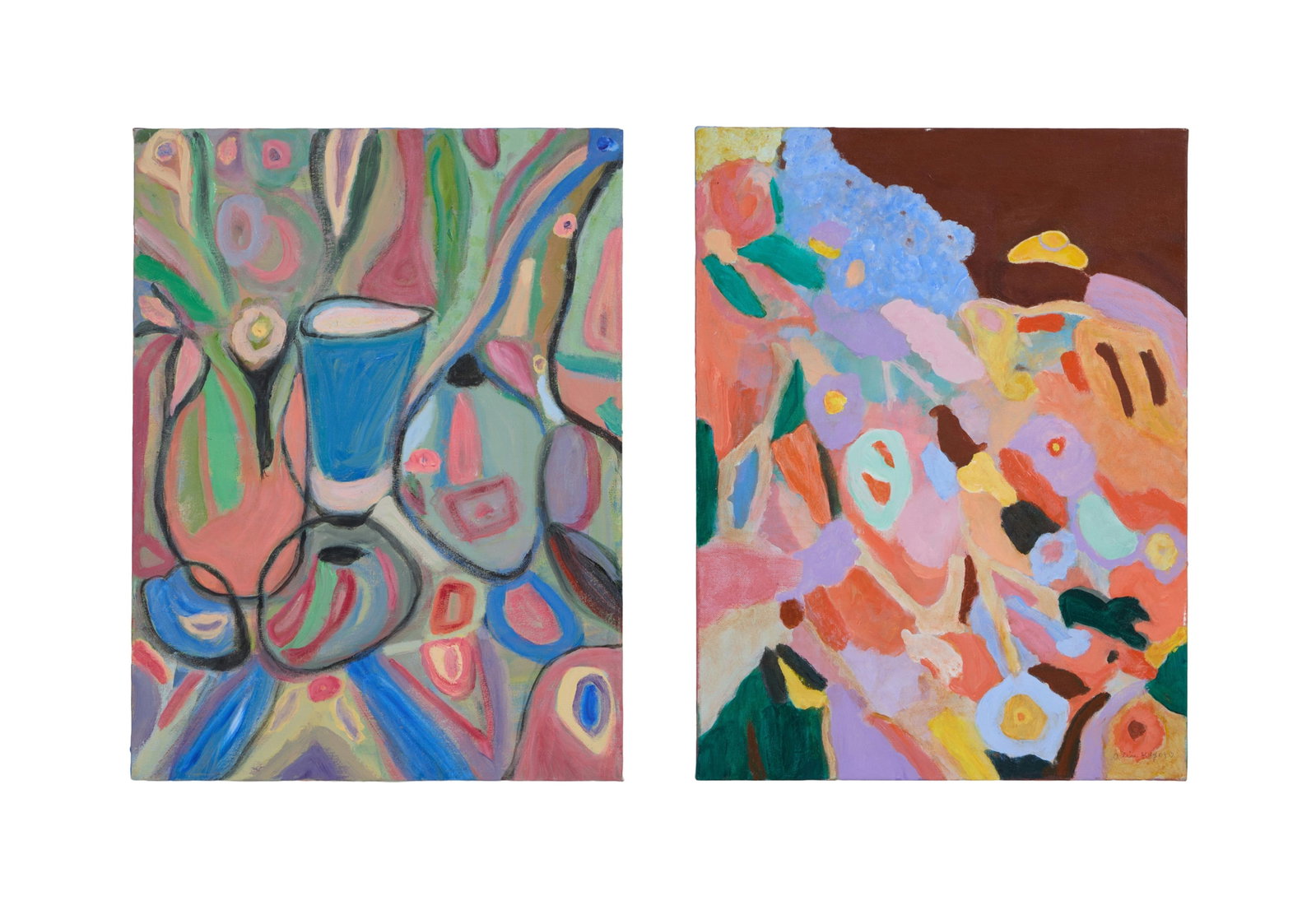Alice F. Key (American/Louisiana, 1923-2026), "New Me," 2009, and "Abstract with Cup," Each- H.- 24: Alice F. Key (American/Louisiana, 1923-2026), "New Me," 2009, and "Abstract with Cup," each acrylic on canvas, the first signed and dated lower right, the second unsigned, each unframed, Each- H.- 24 