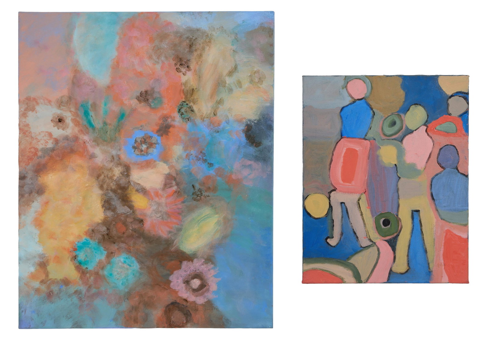 Alice F. Key (American/Louisiana, 1923-2026), "Floral Abstraction" and "People," Unsigned- H.- 20: Alice F. Key (American/Louisiana, 1923-2026), "Floral Abstraction" and "People," each acrylic on canvas, the first signed lower right, the second unsigned, each unframed, Unsigned- H.- 20 in., W.- 16 