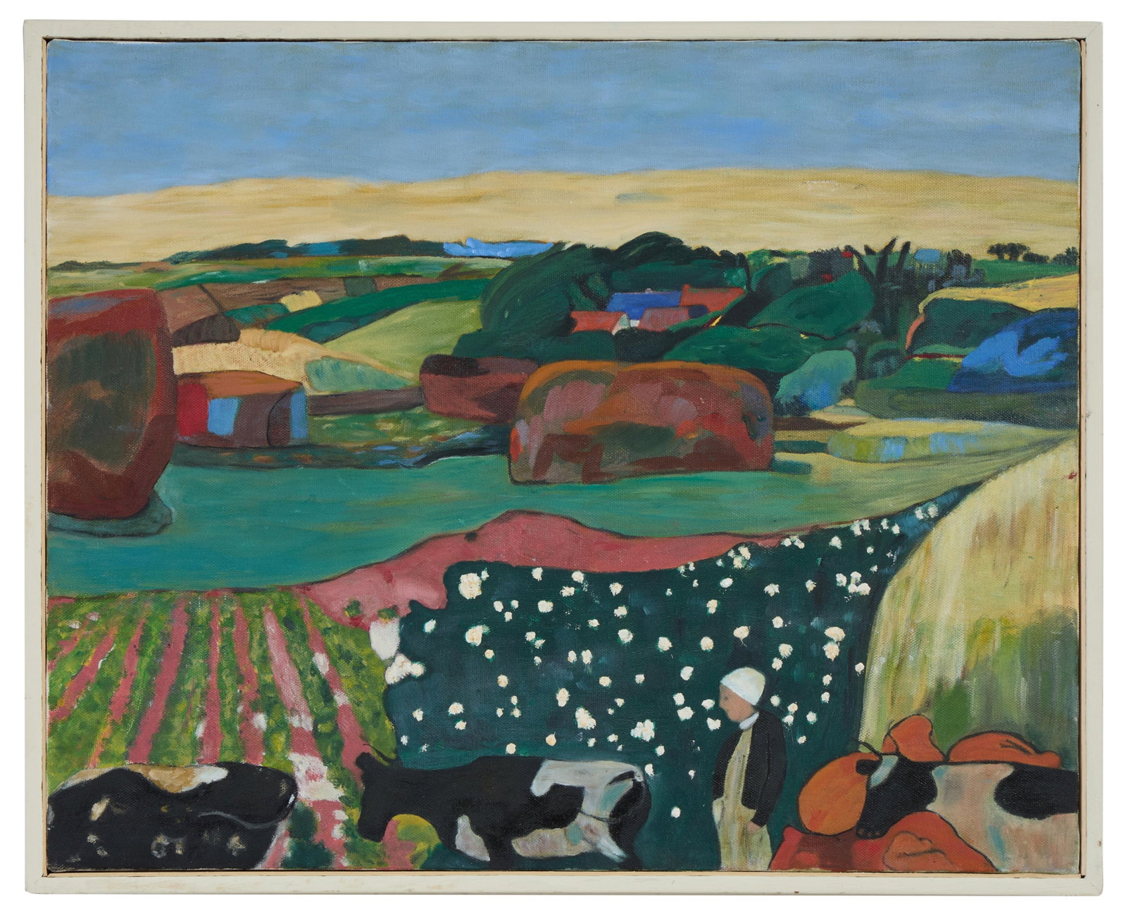Alice F. Key (American/Louisiana, 1923-2026), "Cattle in the Field," H.- 16 in., W.- 20 in., Framed-: Alice F. Key (American/Louisiana, 1923-2026), "Cattle in the Field," acrylic on canvas, unsigned, presented in a white wood frame, H.- 16 in., W.- 20 in., Framed- H.- 17 3/4 in., W.- 20 3/4 in. Proven