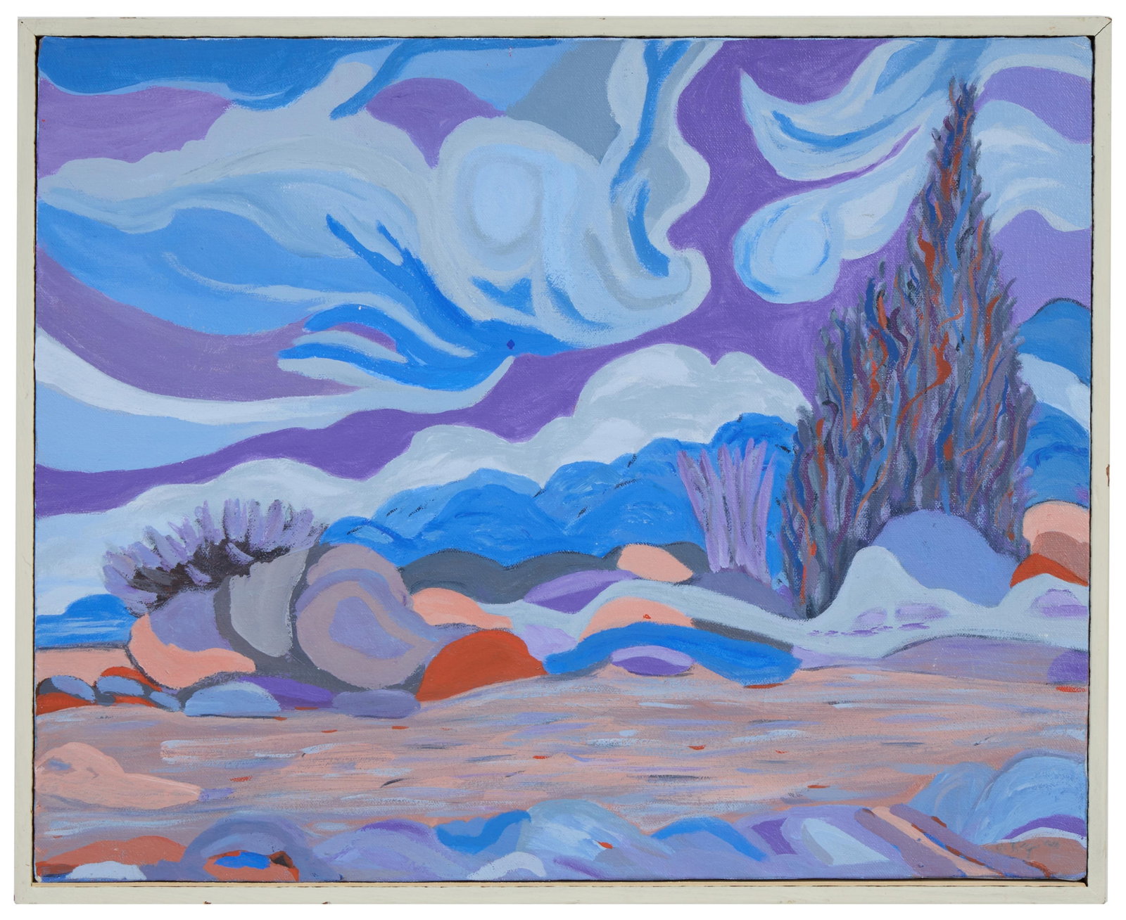 Alice F. Key (American/Louisiana, 1923-2026), "Desert Landscape in Blues," H.- 20 in., W.- 16 in.,: Alice F. Key (American/Louisiana, 1923-2026), "Desert Landscape in Blues," acrylic on canvas, signed lower right, presented in a white wood frame, H.- 20 in., W.- 16 in., Framed- H.- 16 3/4 in., W.- 2
