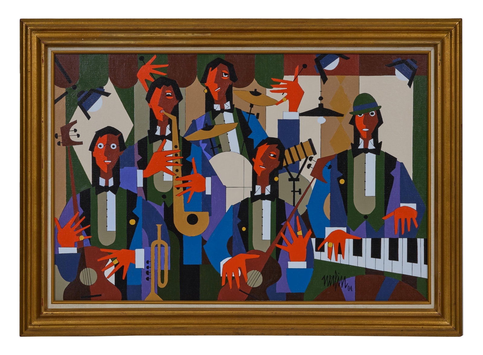 Jean Nerfin (Swiss/New York, 1922-2018), "Musicians," 2004, H.- 24 in., W.- 36 in., Framed- H.- 30: Jean Nerfin (Swiss/New York, 1922-2018), "Musicians," 2004, oil on canvas, signed and dated lower right, presented in a giltwood frame, H.- 24 in., W.- 36 in., Framed- H.- 30 1/2 in., W.- 42 1/4 in. P