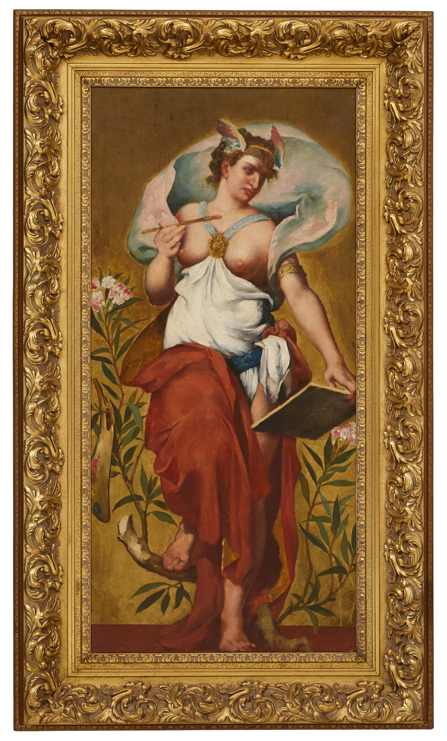 Continental School (Late 19th/Early 20th Century), "Allegory of the Arts," H.- 42 in., W.- 20 in.,: Continental School (Late 19th/Early 20th Century), "Allegory of the Arts," oil on canvas, unsigned, bottom of canvas under frame stenciled "Painting", presented in a giltwood frame, H.- 42 in., W.- 20