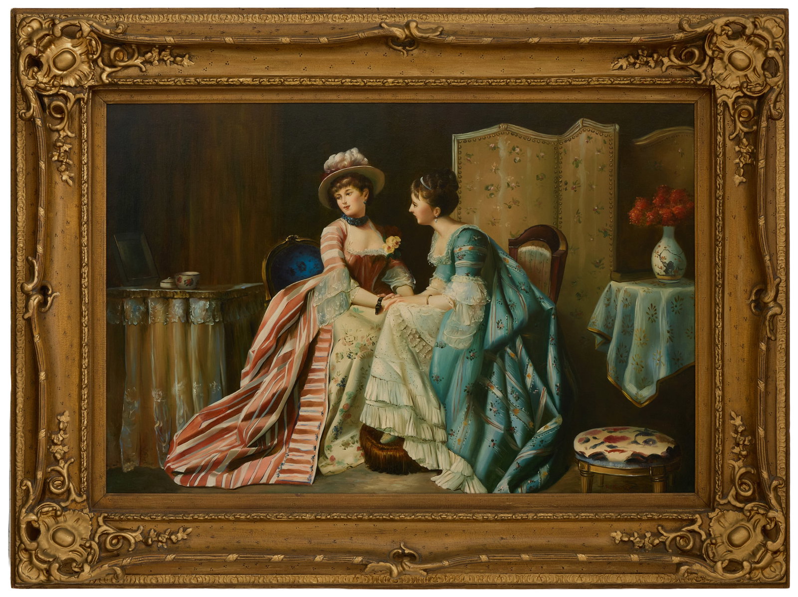After Charles Baugniet (Belgian, 1814-1886), "Confidences," H.- 24 in., W.- 36 in., Framed- H.- 35: After Charles Baugniet (Belgian, 1814-1886), "Confidences," oil on canvas, signed "H. Gark?" lower right, presented in a giltwood frame, H.- 24 in., W.- 36 in., Framed- H.- 35 in., W.- 47 in. Provenan