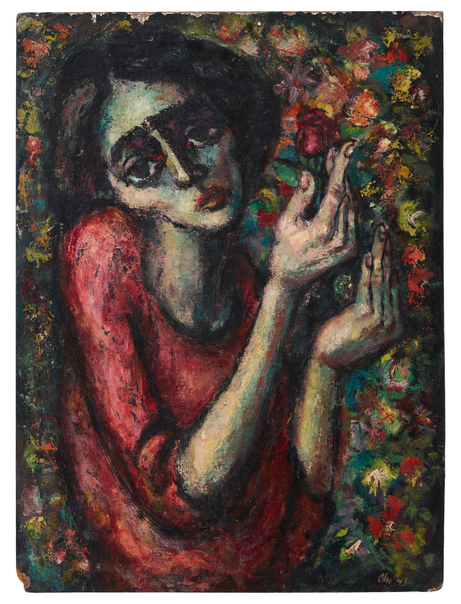 German Expressionist School Follower (Mid-20th Century), "Melancholic Portrait of a Woman with: German Expressionist School Follower (Mid-20th Century), "Melancholic Portrait of a Woman with Roses," 1943, oil on board, signed "Cleo" and dated lower right, unframed, H.- 26 in., W.- 19 1/4 in. Pro