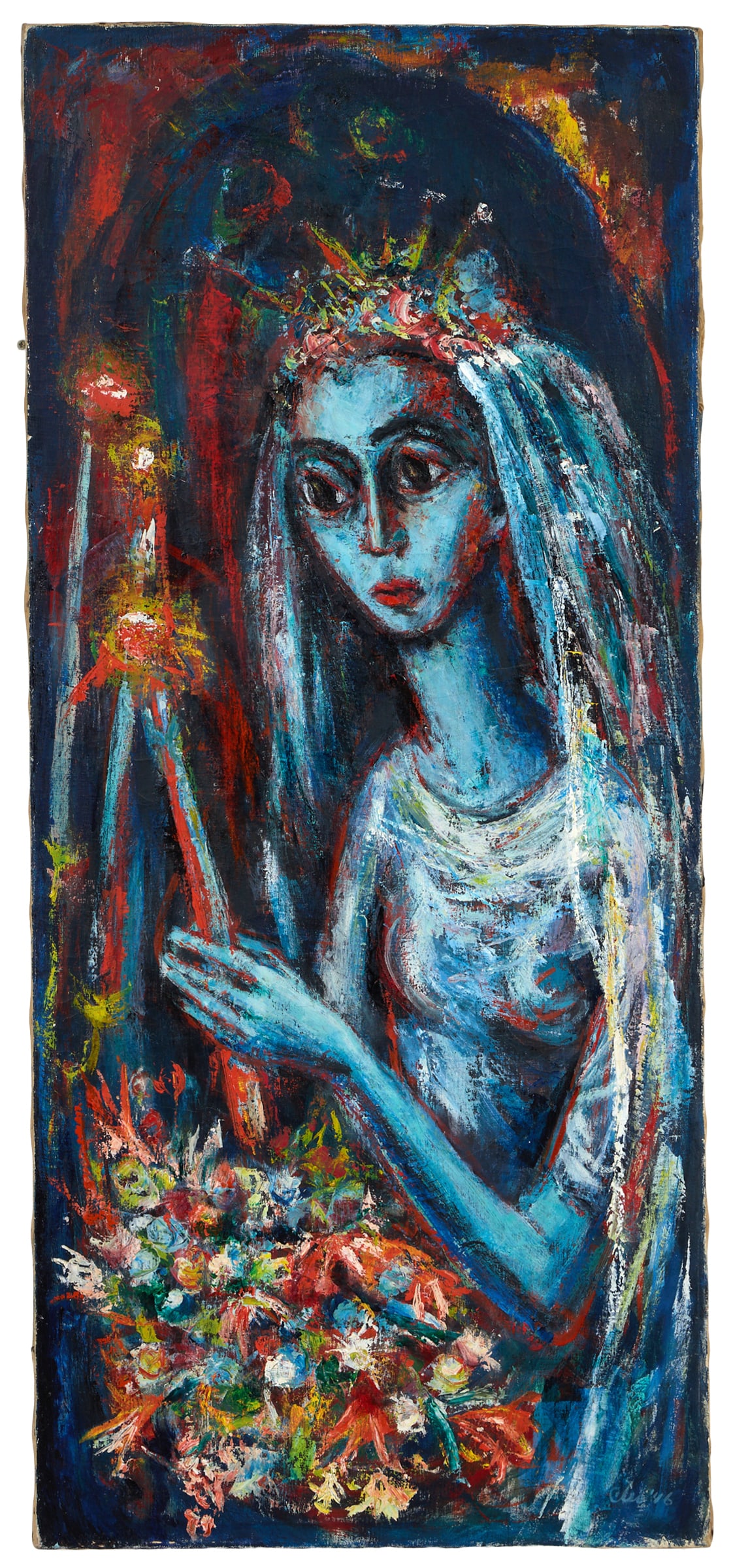 German Expressionist School Follower (Mid-20th Century), "The Bride," 1946, H.- 45 in., W.- 19 3/4: German Expressionist School Follower (Mid-20th Century), "The Bride," 1946, oil on canvas, signed "Cleo" and dated lower right, titled on stretcher, unframed, H.- 45 in., W.- 19 3/4 in. Provenance: Th