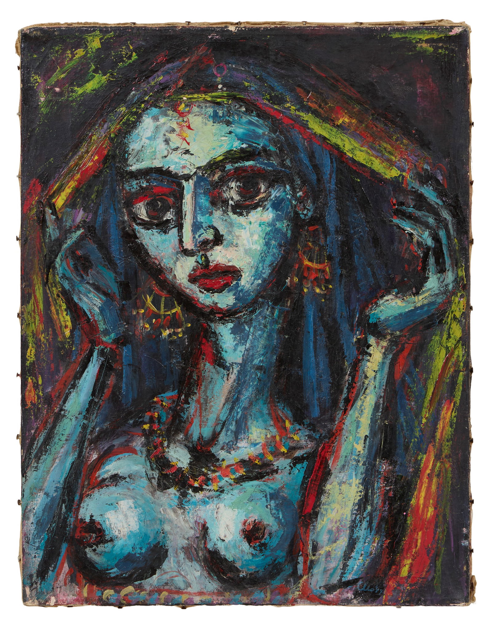 German Expressionist School Follower (Mid-20th Century), "Salome," 1944, H.- 18 in., W.- 14 in.: German Expressionist School Follower (Mid-20th Century), "Salome," 1944, oil on canvas, signed "Cleo" and dated lower right, titled on stretcher, unframed, H.- 18 in., W.- 14 in. Provenance: The Estat