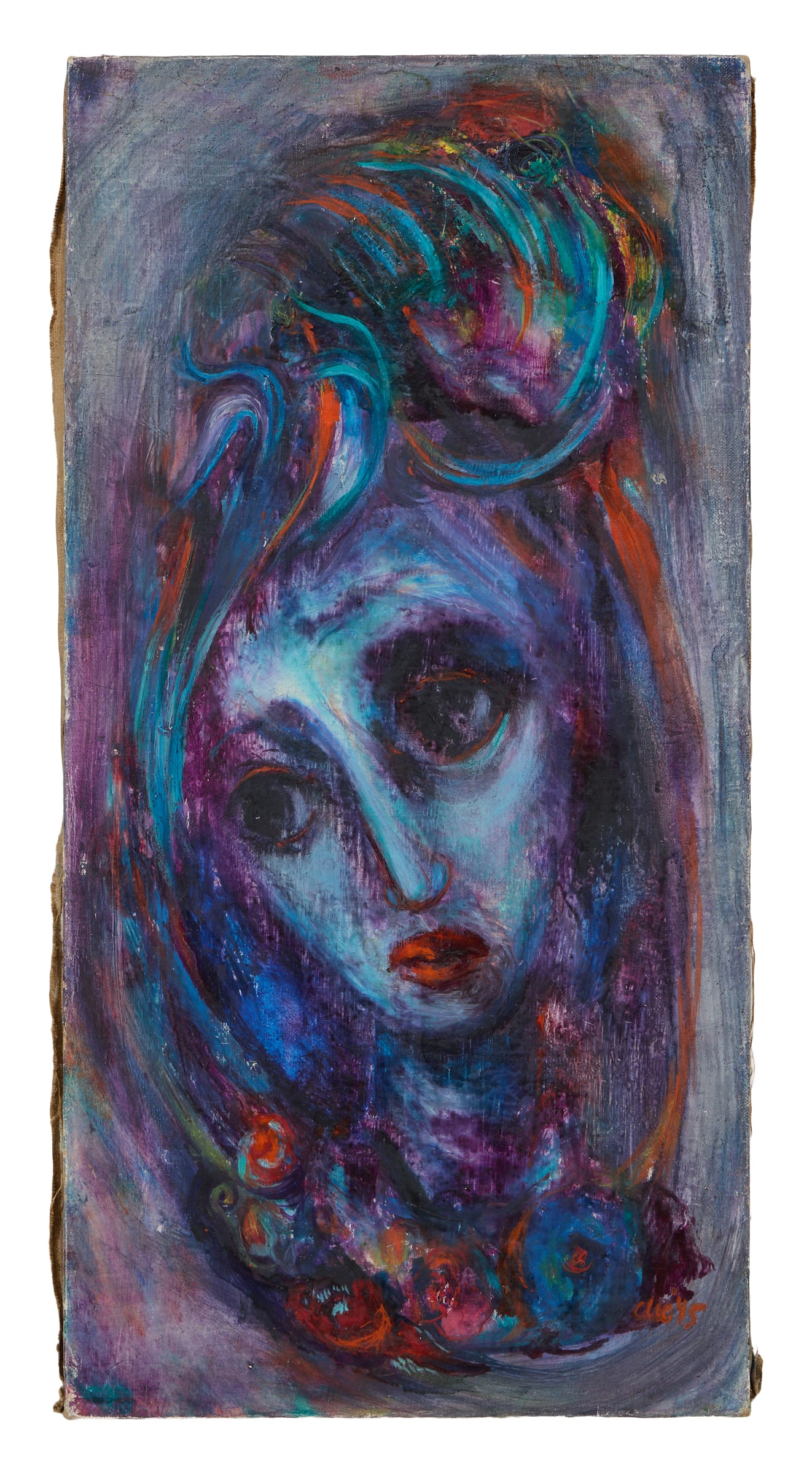 German Expressionist School Follower (Mid-20th Century), "Blue Girl with Flowers," 1945, H.- 24 in.,: German Expressionist School Follower (Mid-20th Century), "Blue Girl with Flowers," 1945, oil on canvas, signed "Cleo" and dated lower right, unframed, H.- 24 in., W.- 12 in. Provenance: The Estate of 