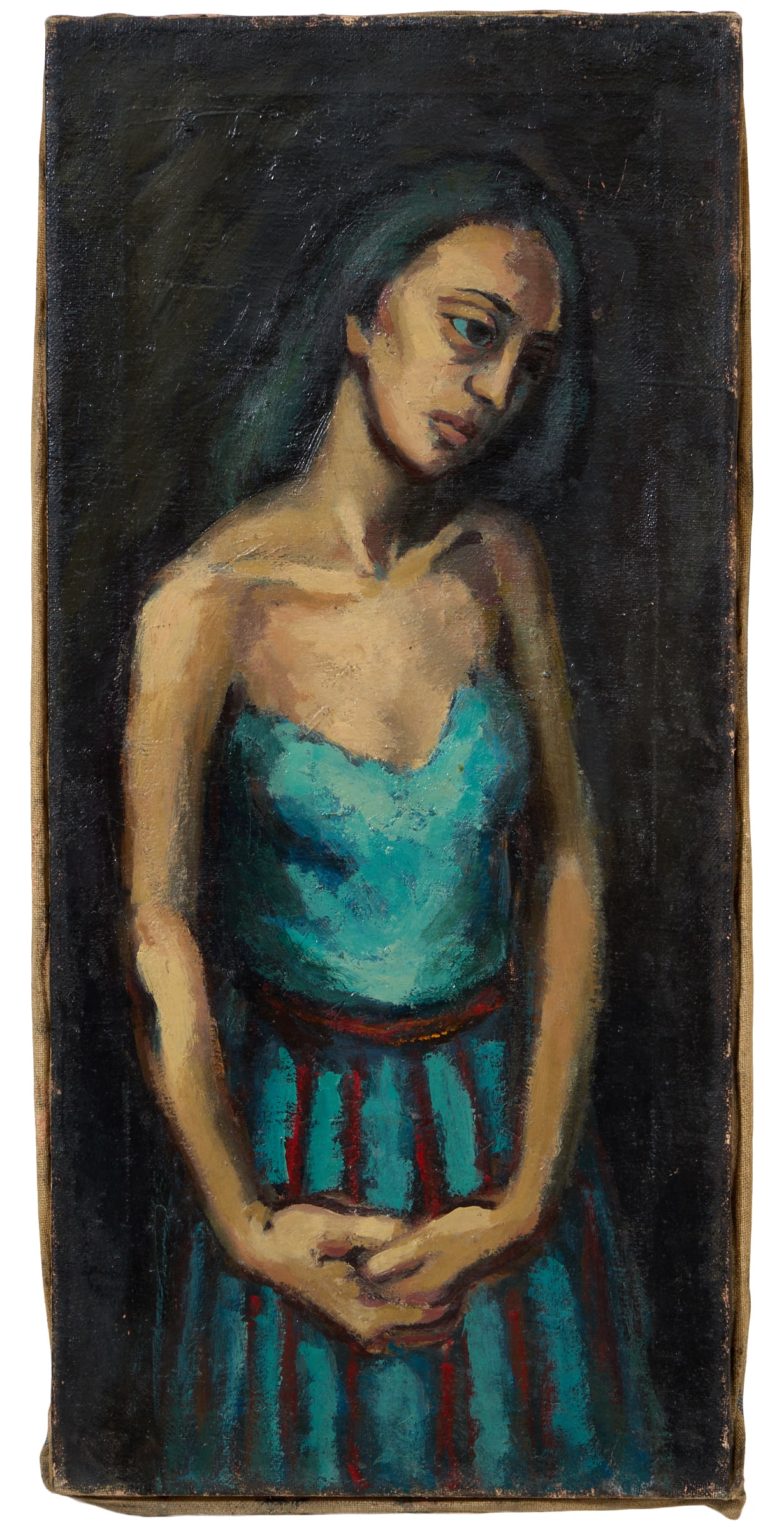 German Expressionist School Follower (Mid-20th Century), "Woman in Blue Dress," H.- 30 in., W.- 14: German Expressionist School Follower (Mid-20th Century), "Woman in Blue Dress," oil on canvas, signed on stretcher, unframed, H.- 30 in., W.- 14 in.