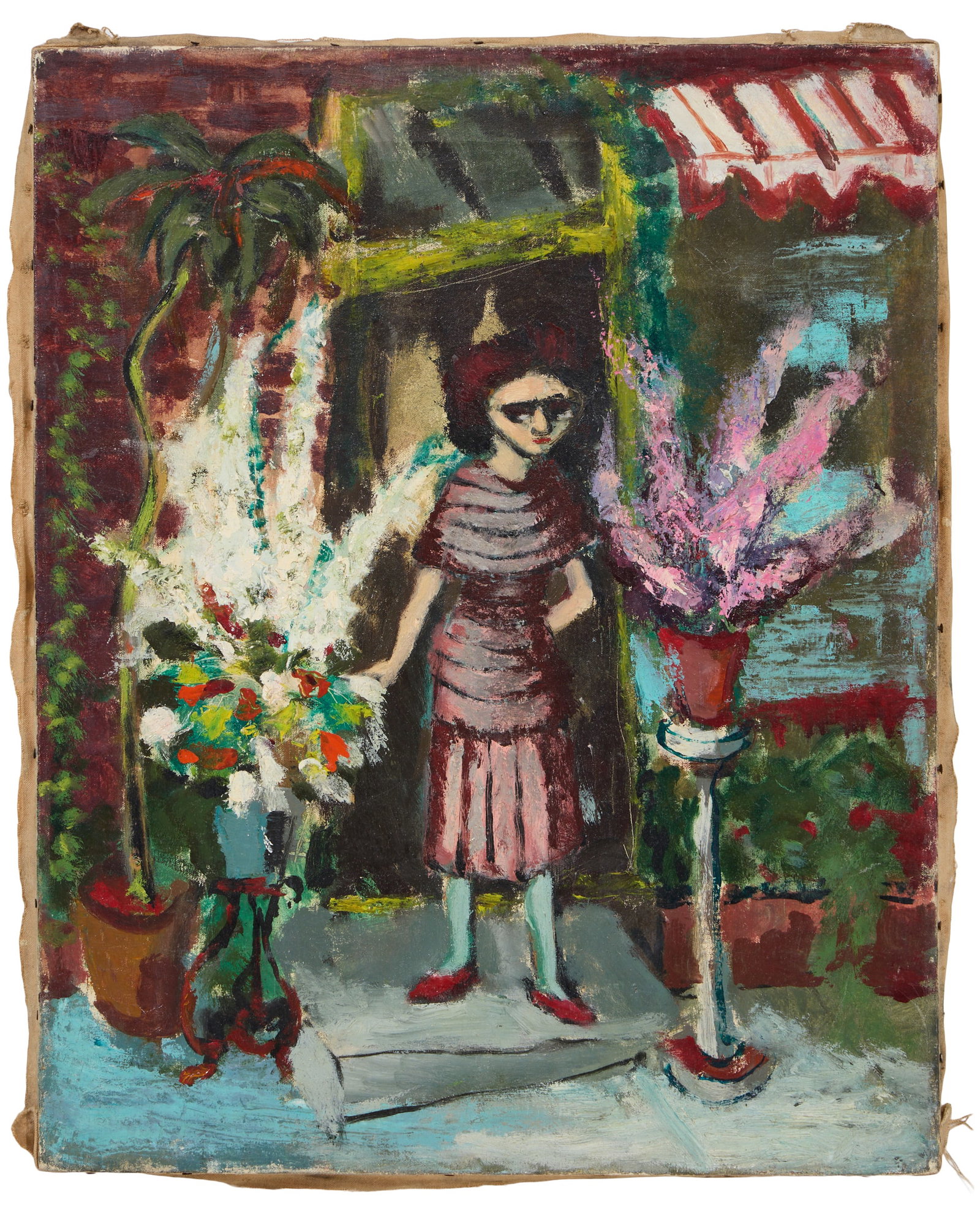 German Expressionist School Follower (Mid-20th Century), "Outside the Flower Shop," H.- 20 in., W.-: German Expressionist School Follower (Mid-20th Century), "Outside the Flower Shop," oil on canvas, unsigned, unframed, H.- 20 in., W.- 16 in.
