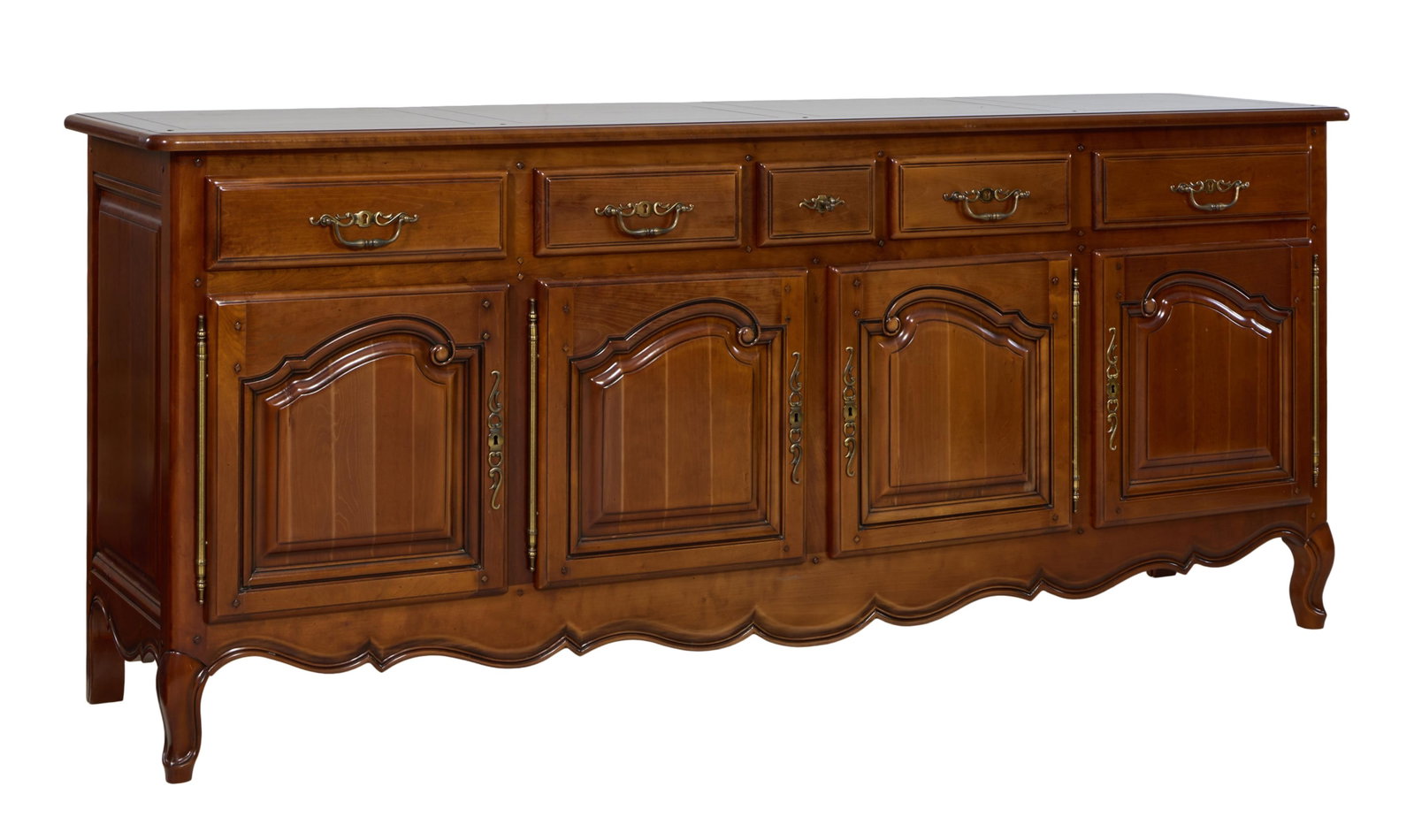 French Louis XV Style Cherry Enfilade, 20th c., H.- 39 1/4 in., W.- 92 in., D.- 21 in.: French Louis XV Style Cherry Enfilade, 20th c., the long rectangular top with rounded corners, belt of five drawers over four raised panel cabinet doors, spurred lobbed skirt joining cabriole legs, H.