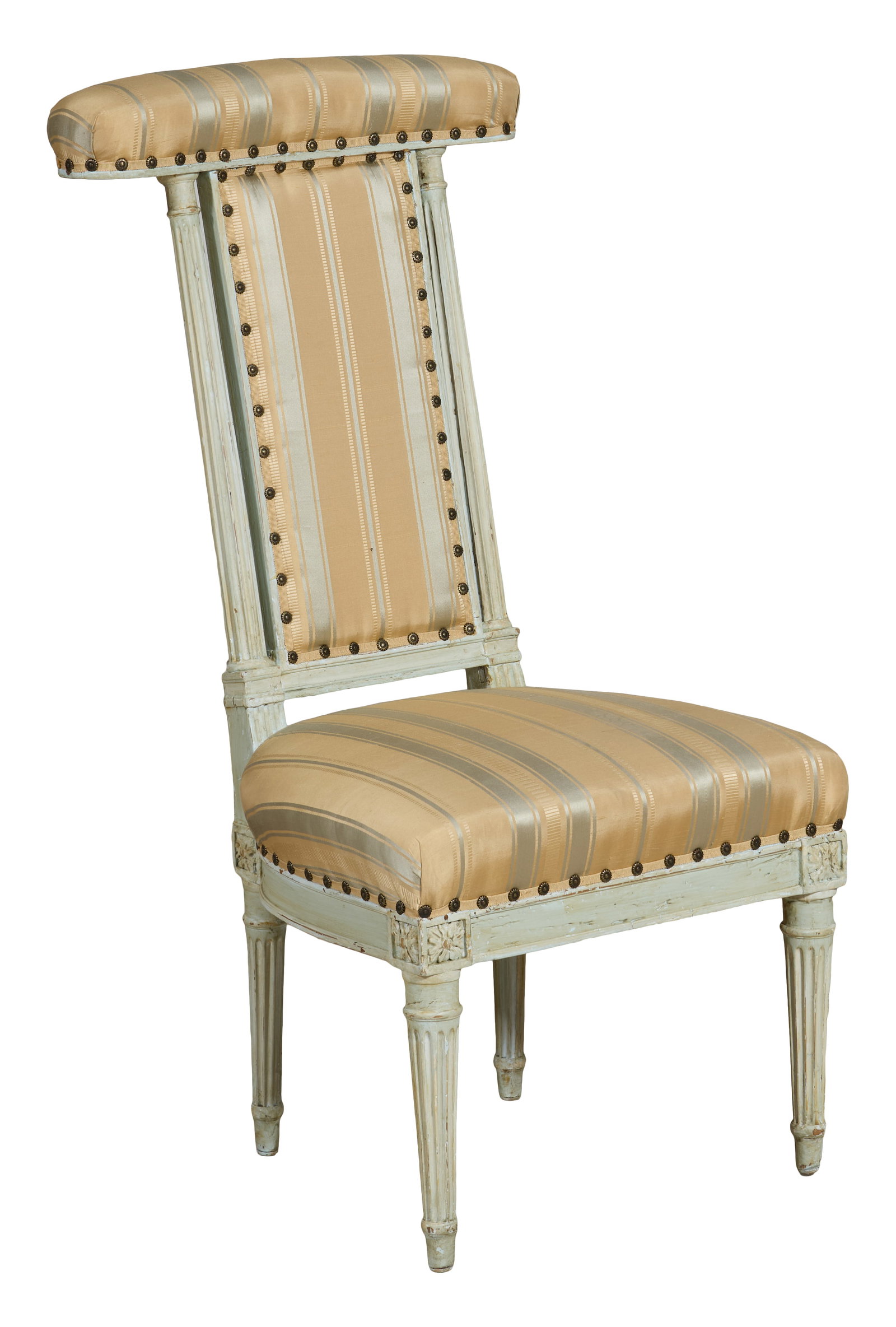 French Louis XVI Vert Peinte Prie Dieu, mid 19th c., H.- 35 1/4 in., W.- 17 1/2 in., D.- 21 1/2 in.: French Louis XVI Vert Peinte Prie Dieu, mid 19th c., the oblong armrest over upholstered splat flanked by fluted columnettes, shaped seat, rosette blocks, ring turned fluted legs, silk upholstery, nai
