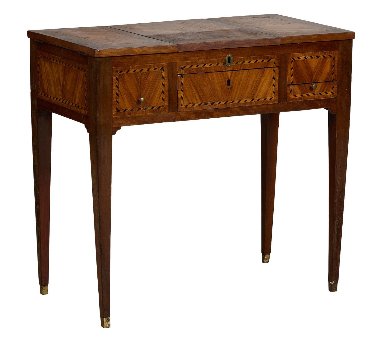 French Directoire Parquetry Walnut Poudreuse, late 19th c., H.- 28 1/4 in., W.- 30 in., D.- 16 1/2: French Directoire Parquetry Walnut Poudreuse, late 19th c., the hinged center of top opens to reveal a compartment, flanked by flip open hinged sides, two drawers, spandrelled apron, tapered legs with