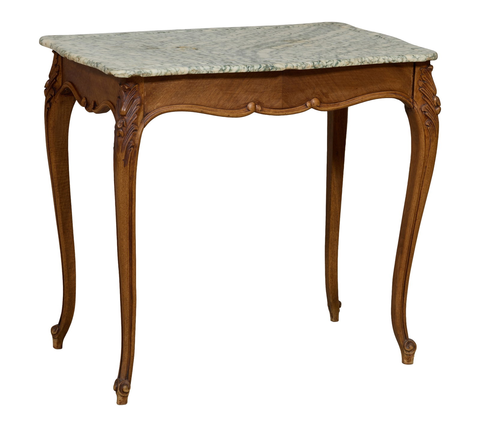 French Louis XV Style Marble Top Side Table, late 19th c., H.- 28 3/4 in., W.- 31 1/4 in., D.- 19: French Louis XV Style Marble Top Side Table, late 19th c., the shaped molded spinach marble top over scrolled apron joining raised scrolled acanthus carved cabriole legs, H.- 28 3/4 in., W.- 31 1/4 in