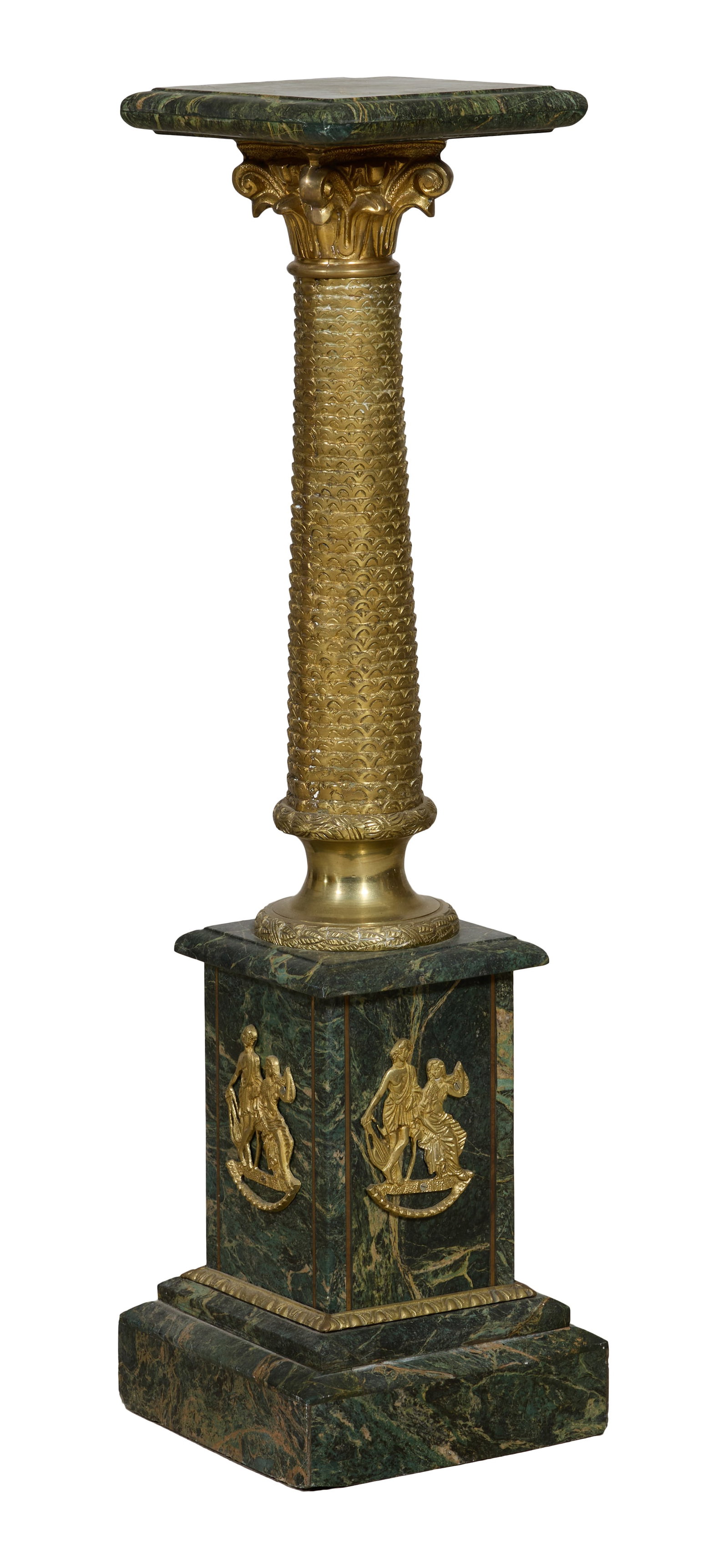 Classical Vert Marble Brass Pedestal, 21st c., H.- 47 1/4 in., W.- 12 1/4 in., D.- 12 3/4 in. (1 of 2)