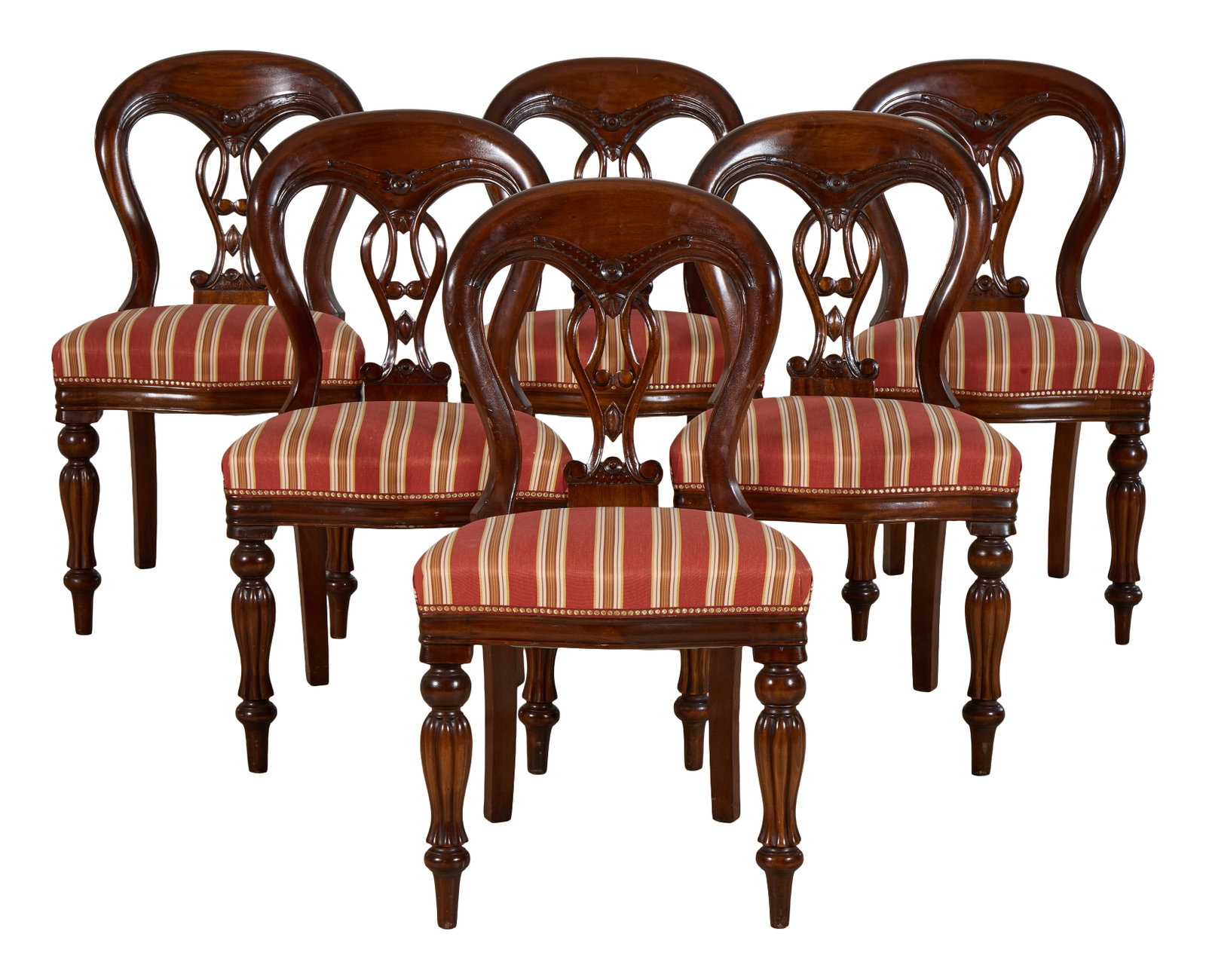 Set of Six French Napoleon III Carved Walnut Dining Chairs, late 19th c., Each- H.- 35 1/4 in., W.-: Set of Six French Napoleon III Carved Walnut Dining Chairs, late 19th c., the arched balloon backs with pierced carved splats, serpentine seat rail over ring turned spherule lobed vasiform legs on tou