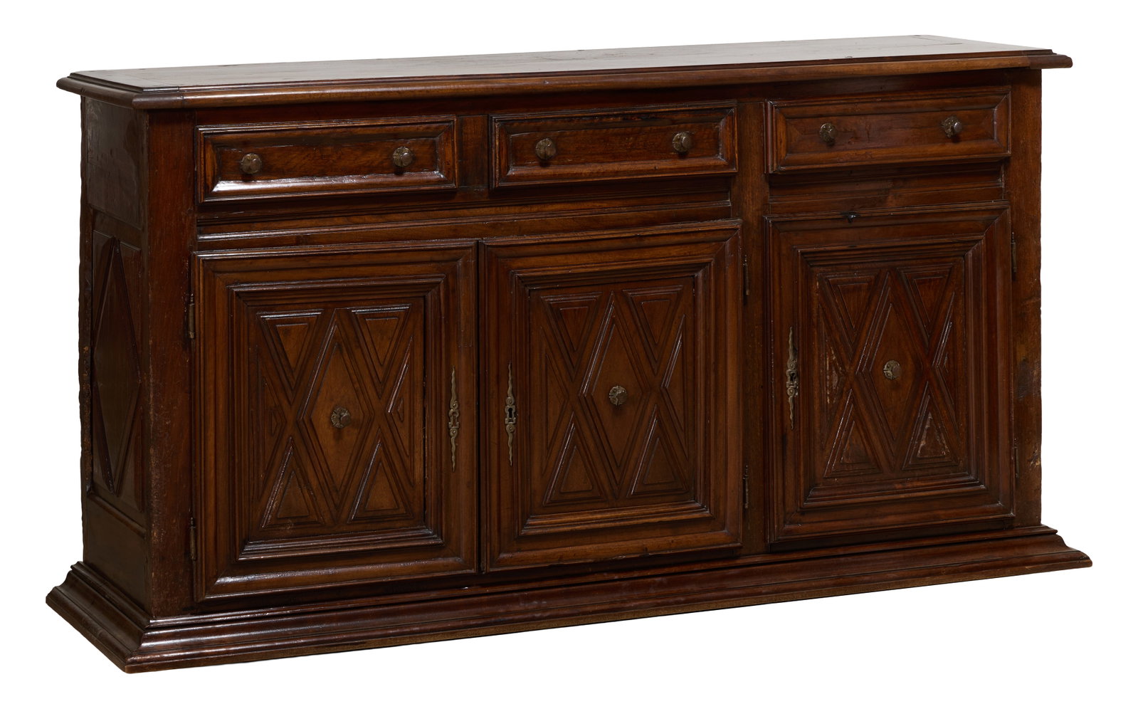 French Louis XIII Style Walnut Sideboard, mid 19th c., H.- 41 3/4 in., W.- 76 in., D.- 20 1/2 in.: French Louis XIII Style Walnut Sideboard, mid 19th c., the molded rectangular top over three frieze drawers, three stepped diamond doors, stepped molded base, H.- 41 3/4 in., W.- 76 in., D.- 20 1/2 in