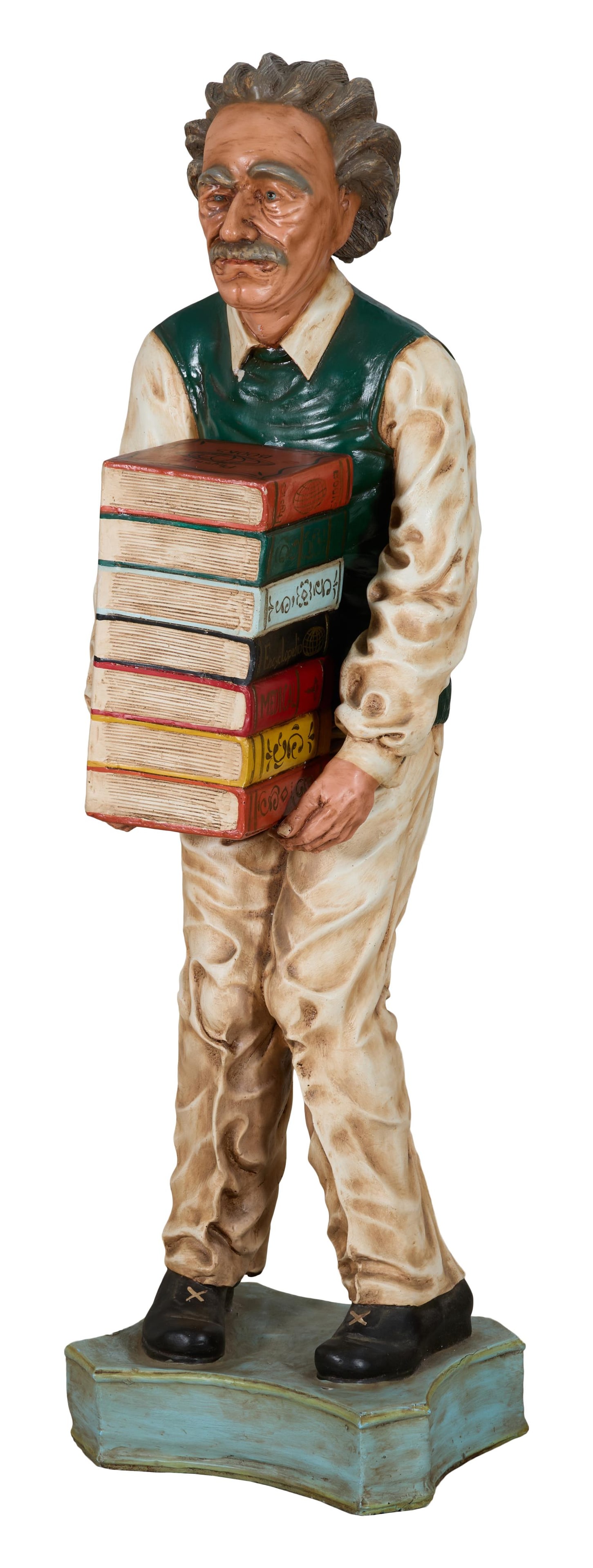 Albert Einstein Polychromed Fiberglass Sculpture, 21st c., H.- 56 in., W.- 16 in., D.- 13 in. (1 of 2)