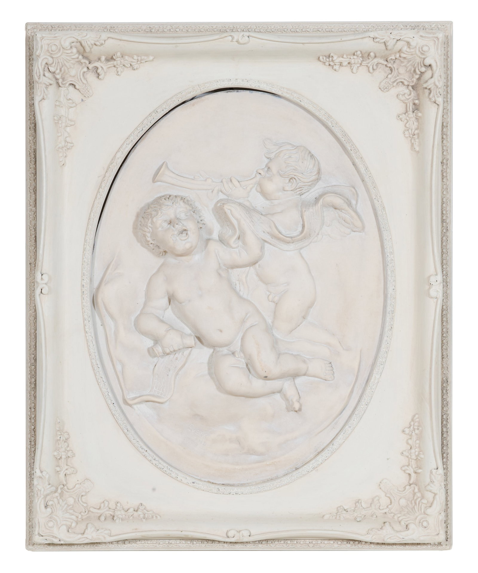 English Alabaster Plaque of Musical Putti, designed by Evett England, 1900, Overall- H.- 20 1/2 in., (1 of 5)