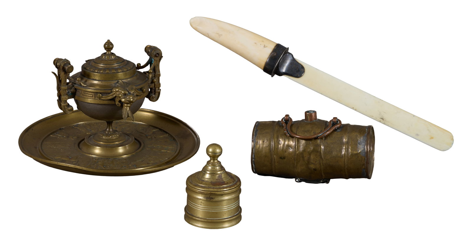 Three Piece Brass Desk Set with Bone Page Turner, 19th c., Inkwell- H.- 5 1/4 in., Dia.- 7 5/8 in.; (1 of 3)