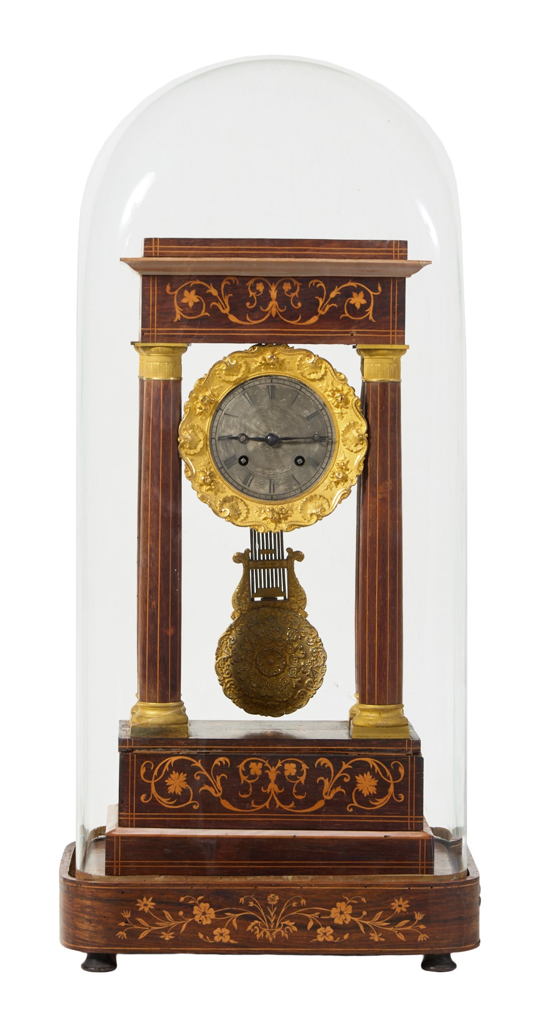 French Napoleon III Inlaid Portico Clock with Custom Base Cloche, late 19th c., Overall- H.- 27 1/2 (1 of 12)