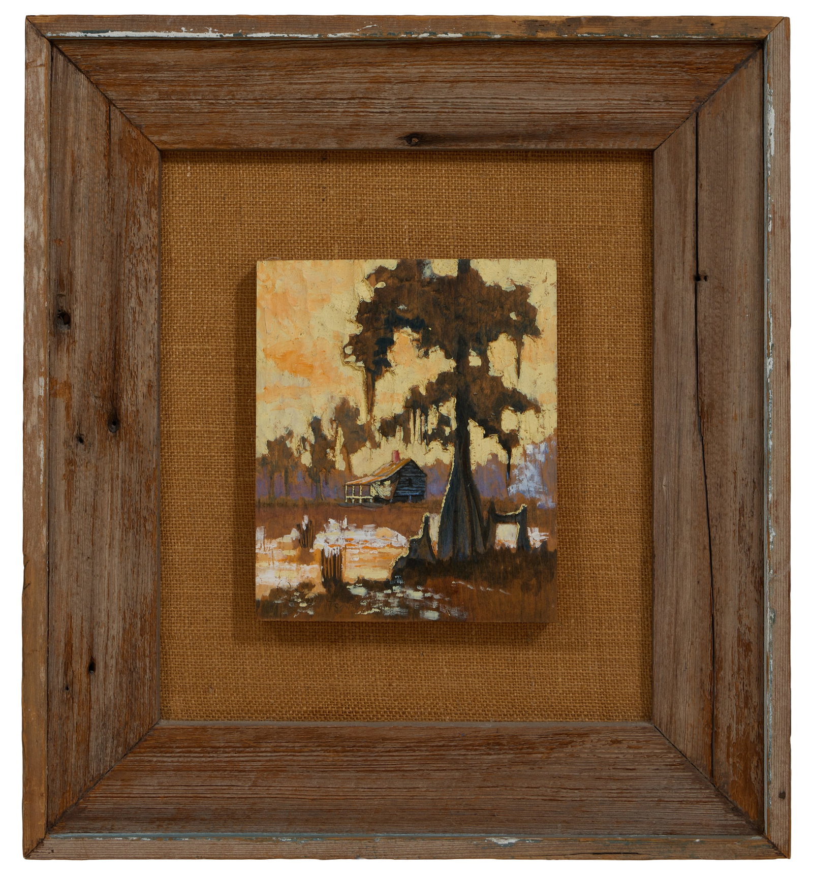 Chestee Harrington (American/Louisiana, b. 1941), "Swamp Scene with Cypress Trees and Cabin," 2017,: Chestee Harrington (American/Louisiana, b. 1941), "Swamp Scene with Cypress Trees and Cabin," 2017, oil on low relief carved wood block, faintly signed and dated lower left, mounted on a burlap wrappe