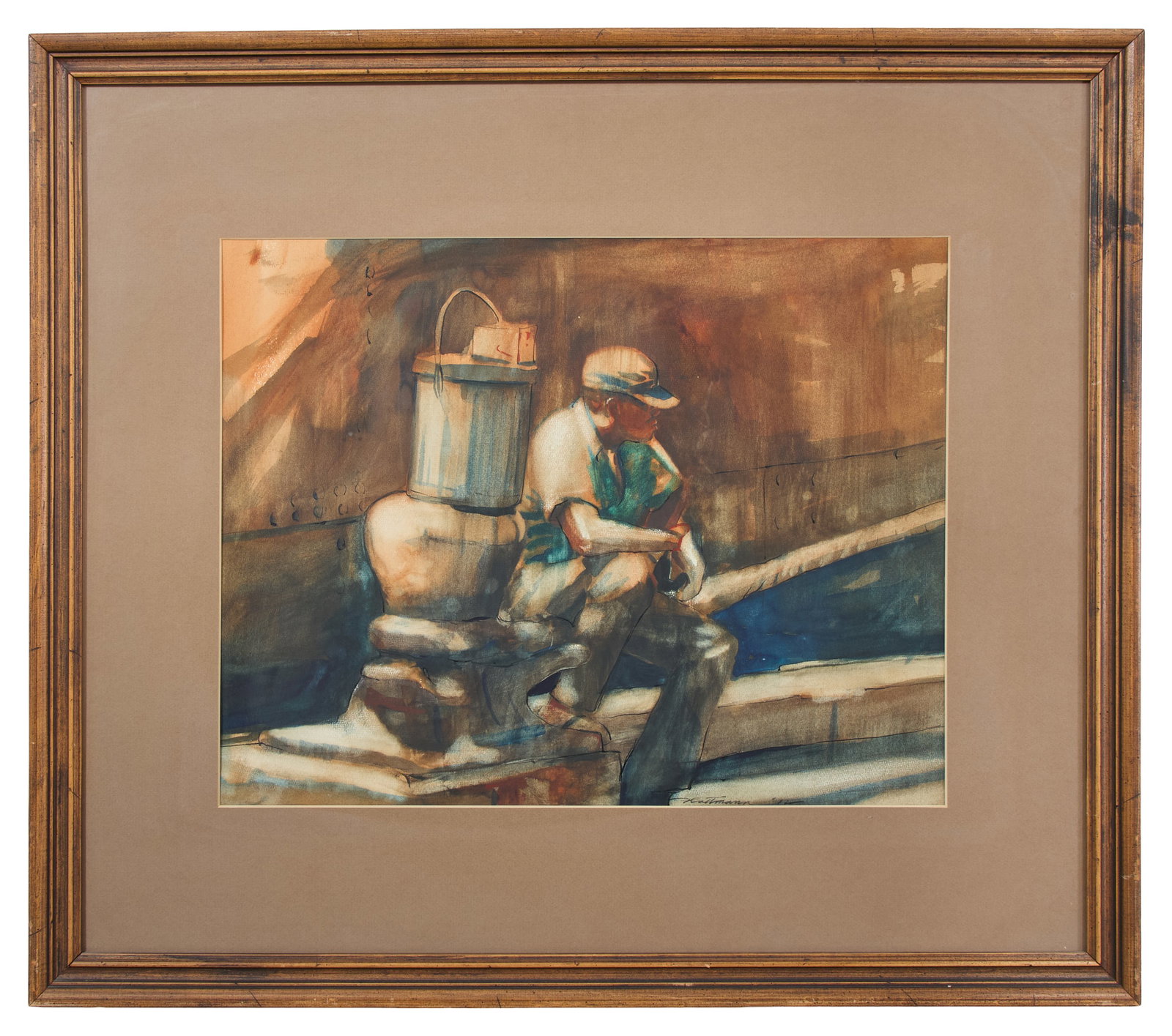Alan Flattmann (American/Louisiana, b. 1946), "Negro Stevedore on a Wharf," 1972, H.- 17 1/8 in.,: Alan Flattmann (American/Louisiana, b. 1946), "Negro Stevedore on a Wharf," 1972, watercolor on paper, signed and dated lower left, titled on label en verso, presented in a wood frame, H.- 17 1/8 in.,