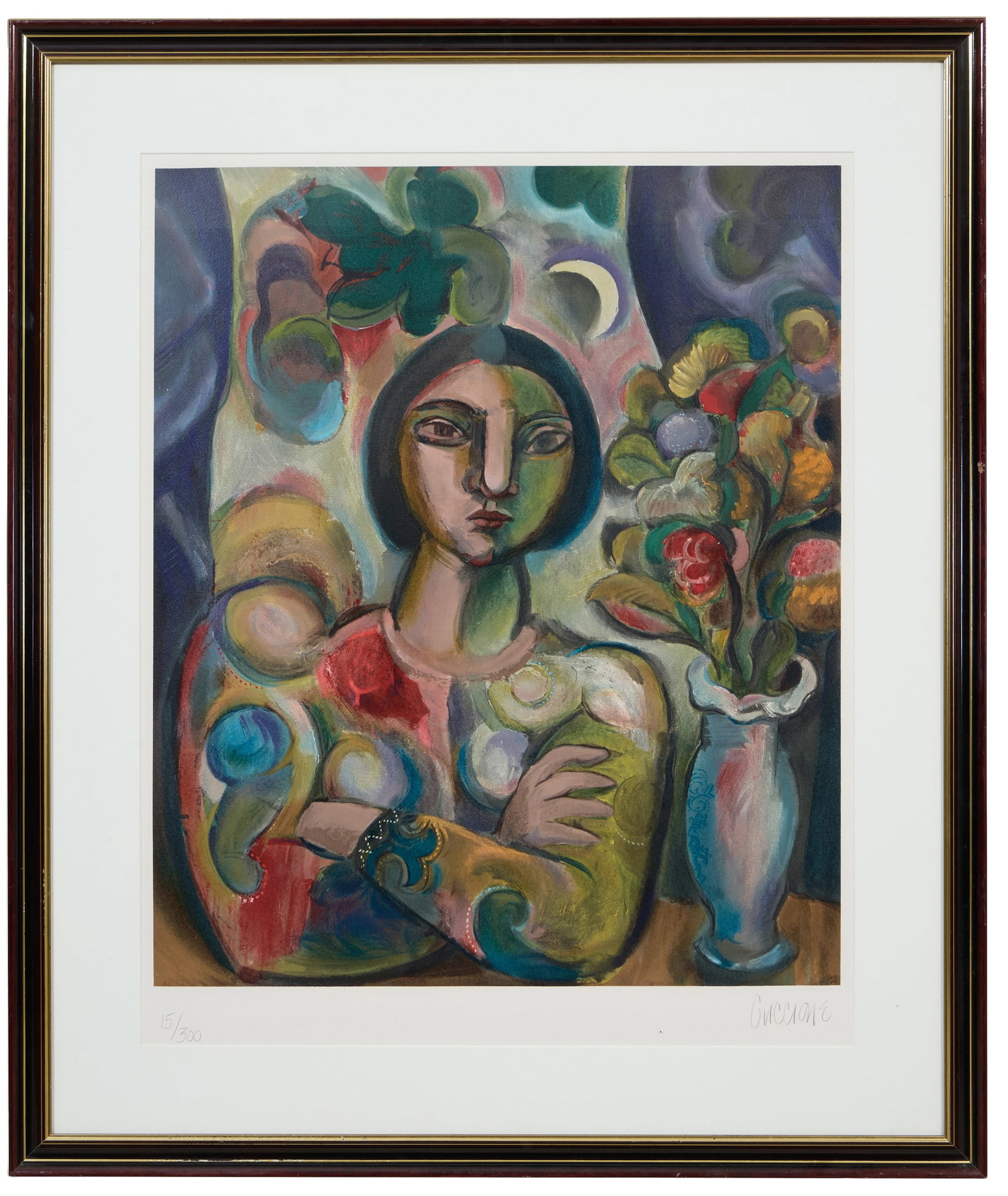 Bob Guccione (American, 1930-2010), "Portrait of a Woman with Flowers," Sight- H.- 31 1/8 in., W.-: Bob Guccione (American, 1930-2010), "Portrait of a Woman with Flowers," color serigraph on paper, editioned 15/300 in pencil lower left, pencil signed "Guccione" lower right, presented in a white mat 