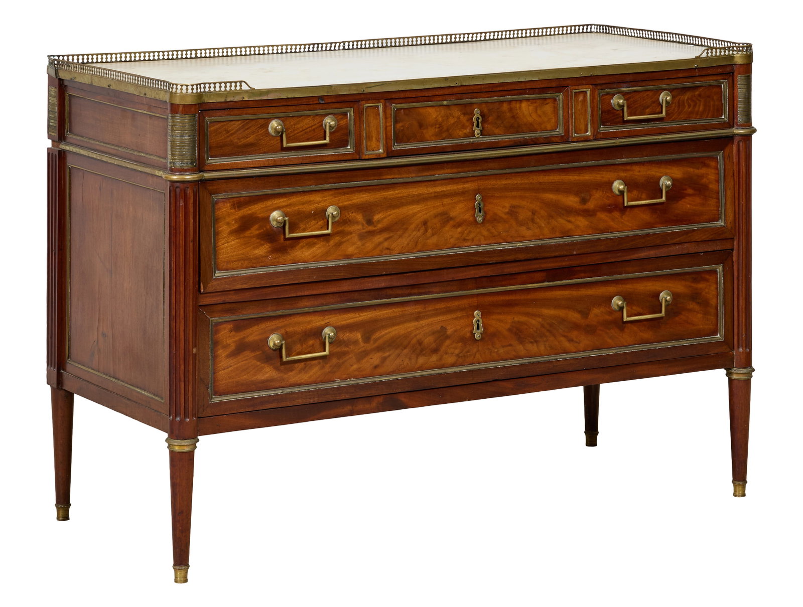 French Louis XVI Style Brass Mounted Marble Top Walnut Commode, late 19th c., H.- 34 1/2 in., W.- 49 (1 of 2)
