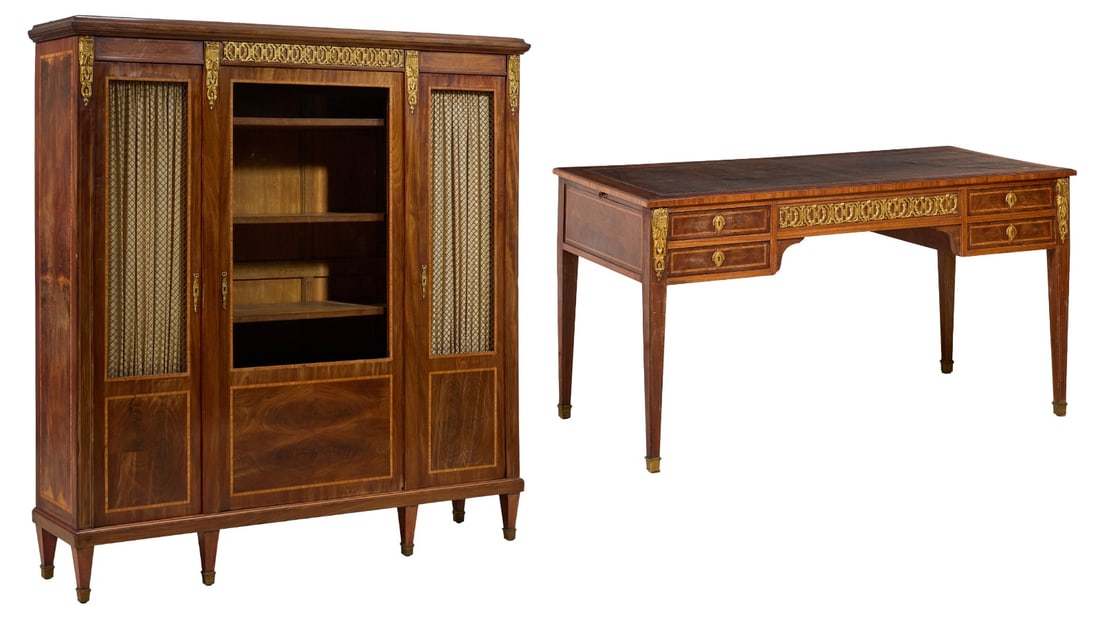 Two Piece French Ormolu Mounted Inlaid Walnut Library Group, mid 20th c., Desk- H.- 29 1/2 in., W.- (1 of 4)