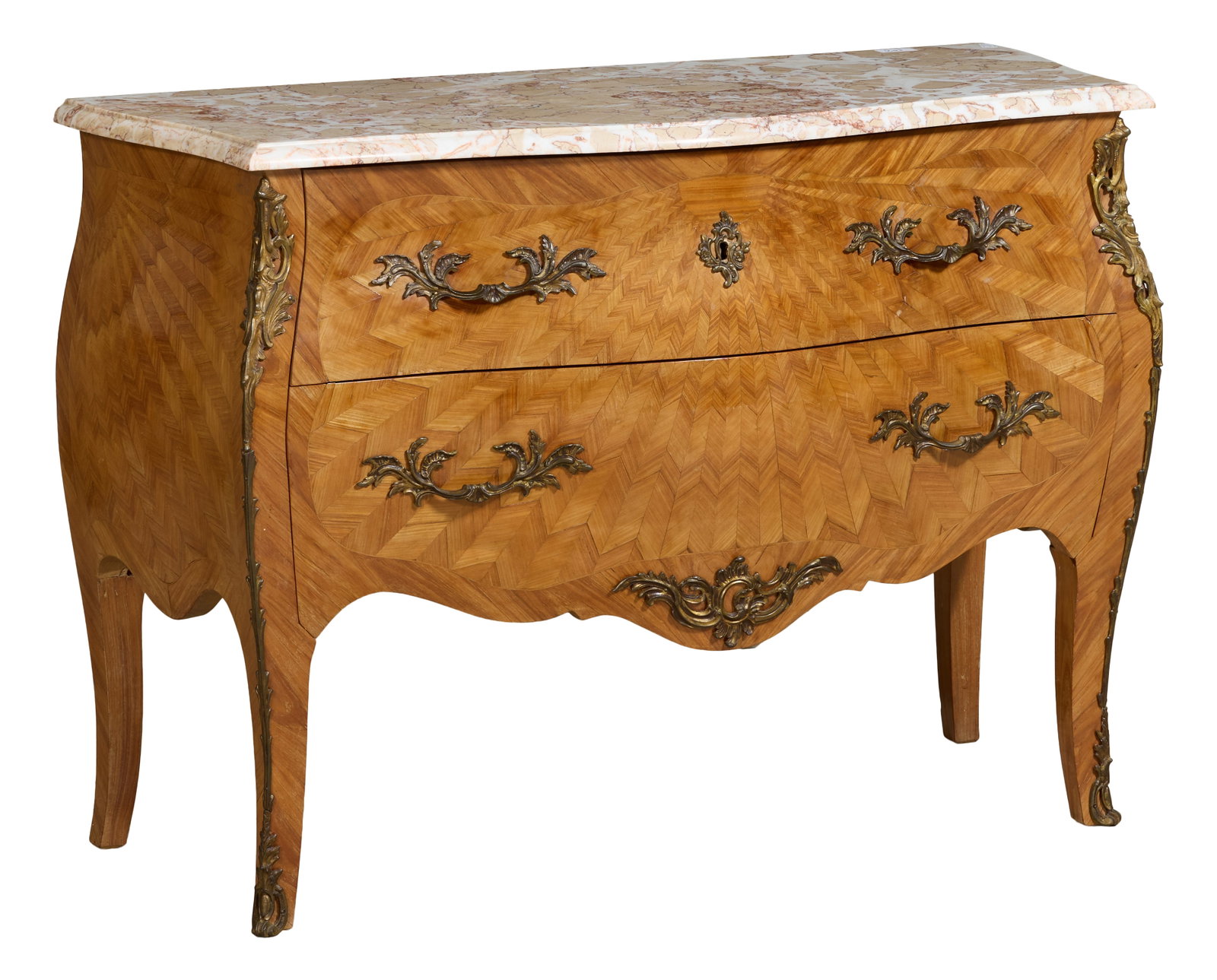 French Louis XV Style Marble Top Parquetry Bombe Commode, mid 20th c., H.- 33 1/4 in., W.- 47 in., (1 of 2)