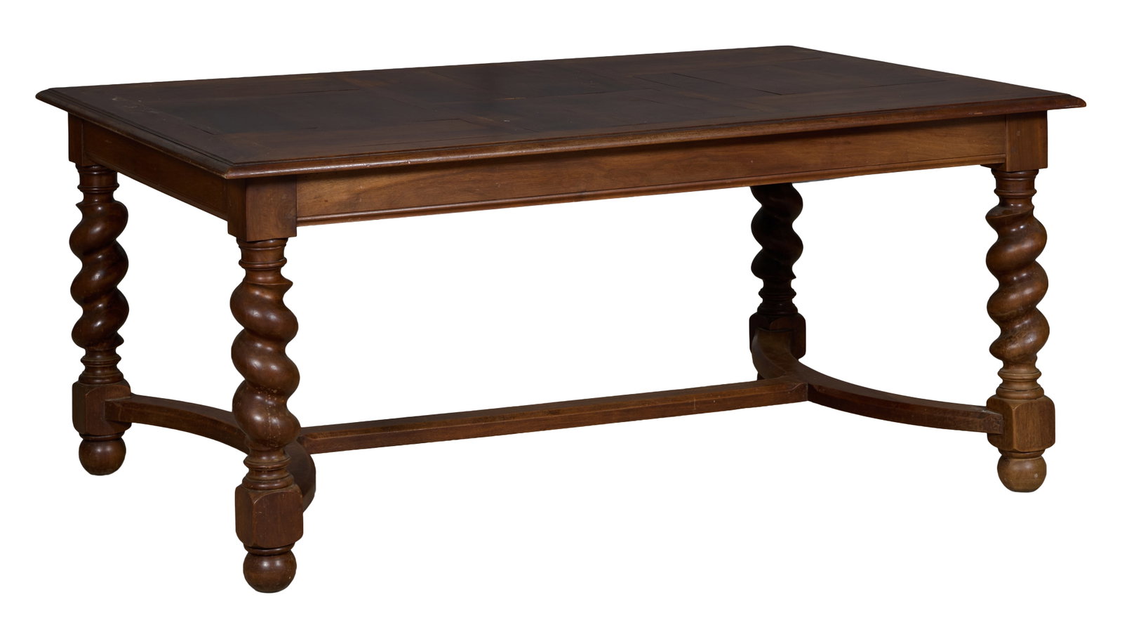 French Louis XIII Style Walnut Farm Table, late 20th c., H.- 29 in., W.- 66 1/2 in., D.- 45 in.: French Louis XIII Style Walnut Farm Table, late 20th c., the rectangular top with moulded edge, Byzantine legs over shaped stretcher into blocks, on spherule feet, H.- 29 in., W.- 66 1/2 in., D.- 45 i