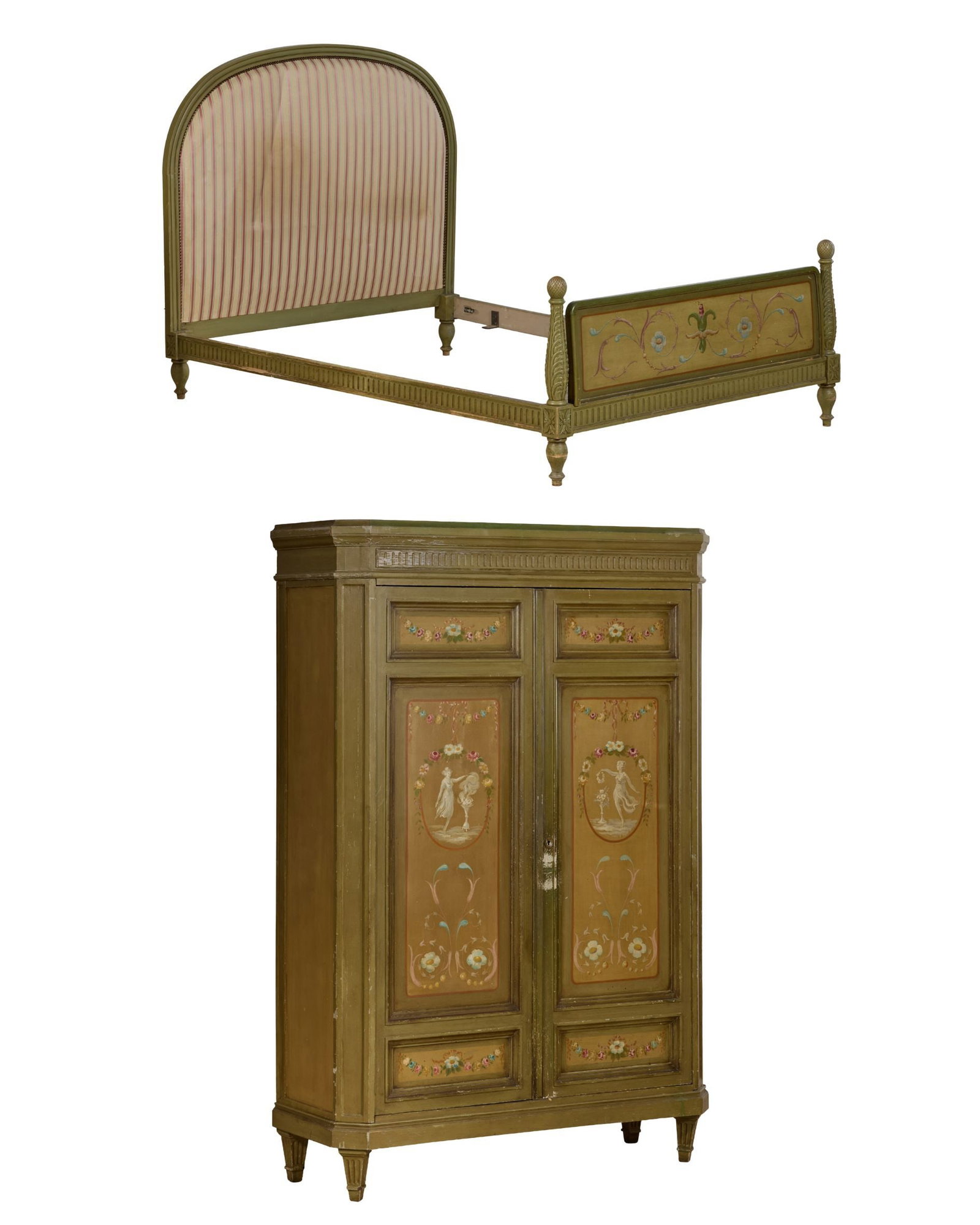 Two Piece French Louis XVI Style Verte Peinte Bedroom Group, early 20th c., Armoire- H.- 84 in., W.-: Two Piece French Louis XVI Style Verte Peinte Bedroom Group, early 20th c., including an armoire and a bed, the canted corner armoire with two floral classical motif painted doors, fluted tapered feet