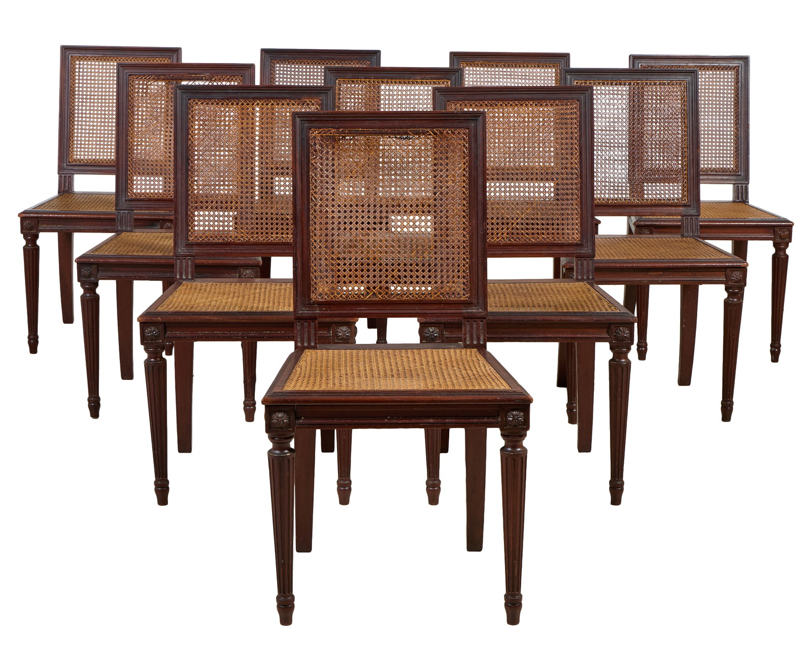 Set of Ten French Louis XVI Style Dining Chairs, late 20th c., Each- H.- 36 1/2 in., W.- 19 1/2 in.,: Set of Ten French Louis XVI Style Dining Chairs, late 20th c., the caned canted molded rectangular backs over caned trapezoidal seats, rosette blocked ring turned fluted tapered legs on toupie feet, E