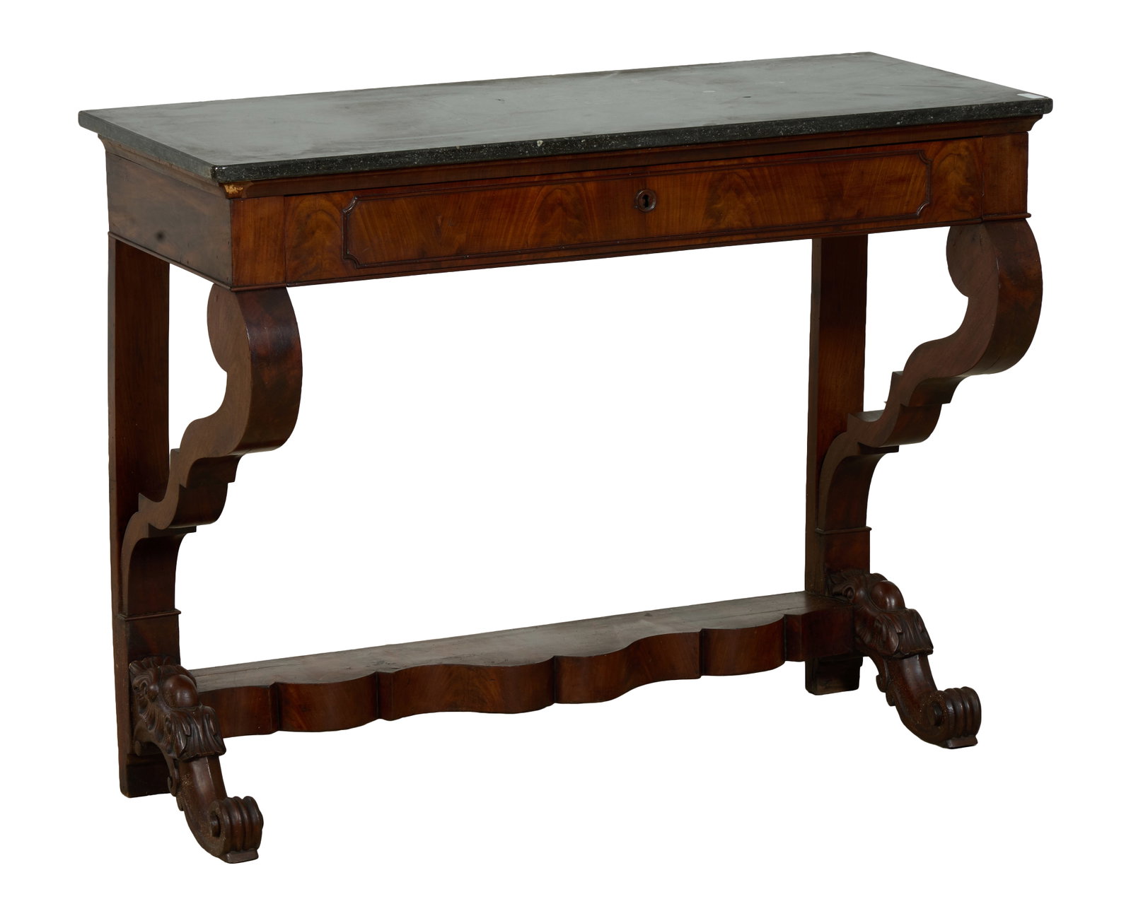 French Napoleon III Marble Top Walnut Console, late 19th c., H.- 34 1/2 in., W.- 44 5/8 in., D.- 18 (1 of 2)