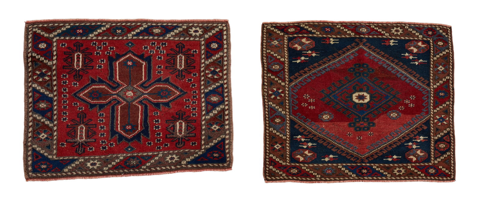 Pair of Semi-Antique West Anatolian Bergama Mats, Larger- 2' 2 x 2' 8; Smaller- 2' x 2' 6. (1 of 3)