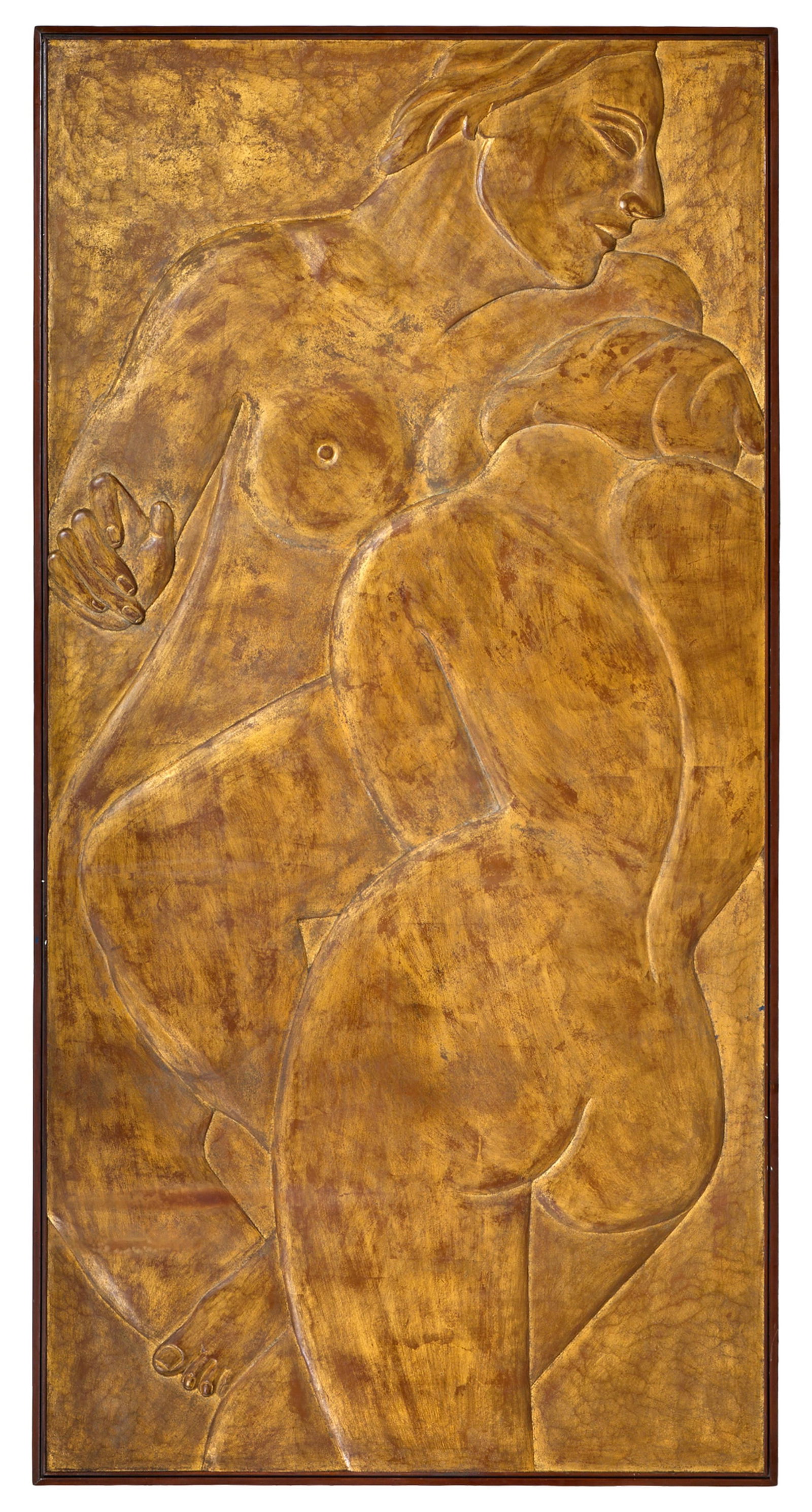 Contemporary School, In the Manner of Enrique Alferez (Mexican/New Orleans) or Rafael Solanich: Contemporary School, In the Manner of Enrique Alferez (Mexican/New Orleans) or Rafael Solanich Balius (Spanish), Large Carved Relief of Two Women, mixed media on wood bas-relief in a gilt wash, unsign