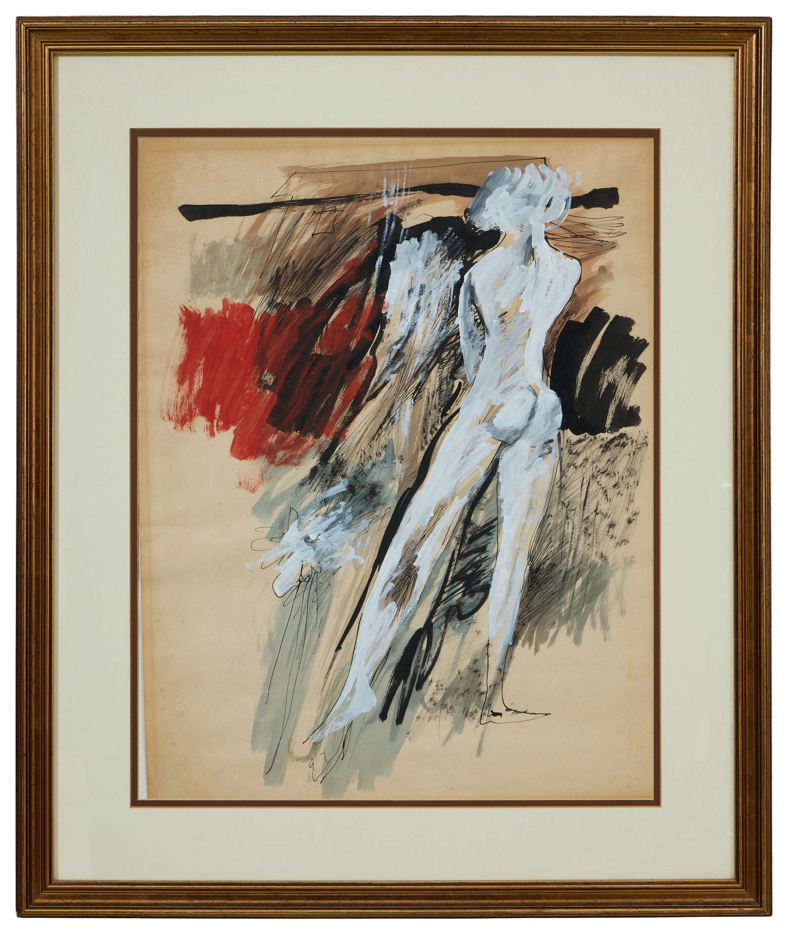 American School (20th Century), "Abstract with Nude from Behind," Sight- H.- 22 in., W.- 17 in.,: American School (20th Century), "Abstract with Nude from Behind," mixed media on paper, unsigned, presented in a wood frame, Sight- H.- 22 in., W.- 17 in., Framed- H.- 30 in., W.- 25 3/4 in.