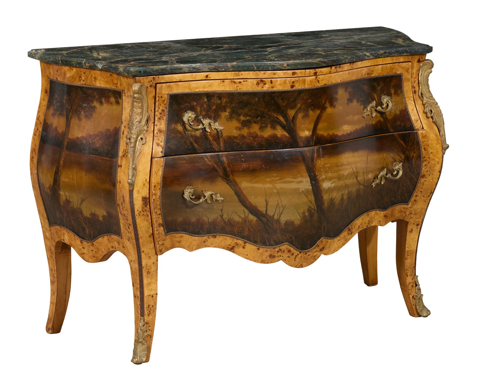 French Louis XV Style Marble Top Scenic Painted Burled Bombe Commode, late 20th c., H.- 33 1/4 in., (1 of 3)