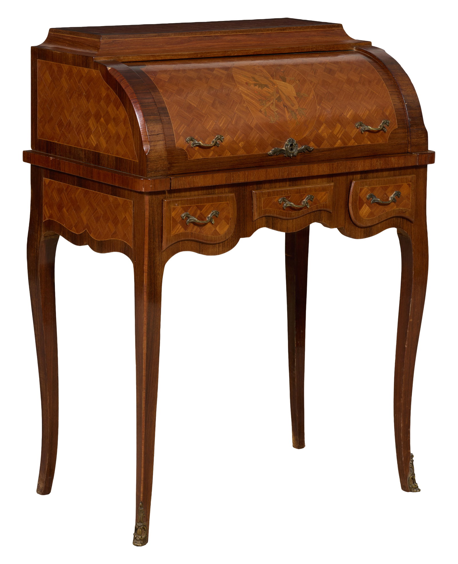 Louis XV Style Parquetry Marquetry Cylinder Desk, mid 20th c., H.- 38 in., W.- 28 3/4 in., D.- 17 (1 of 2)