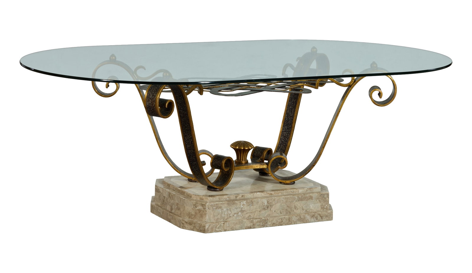 Contemporary Gilt Patinated Metal Marble Glass Top Dining Table, late 20th c., H.- 29 5/8 in., W.- (1 of 2)