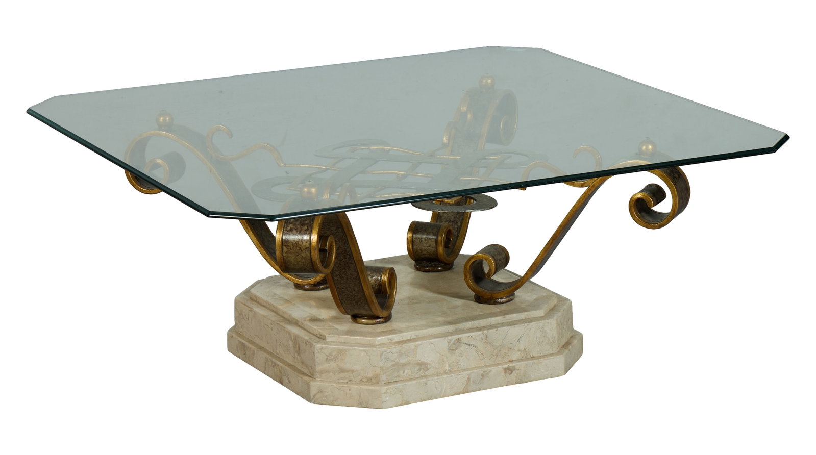 Contemporary Gilt Patinated Metal Marble Glass Top Table, late 20th c., H.- 17 1/4 in., W.- 43 1/8: Contemporary Gilt Patinated Metal Marble Glass Top Table, late 20th c., the square glass top with canted corners, scrolled supports on a clad marble plinth, H.- 17 1/4 in., W.- 43 1/8 in., D.- 43 1/8 