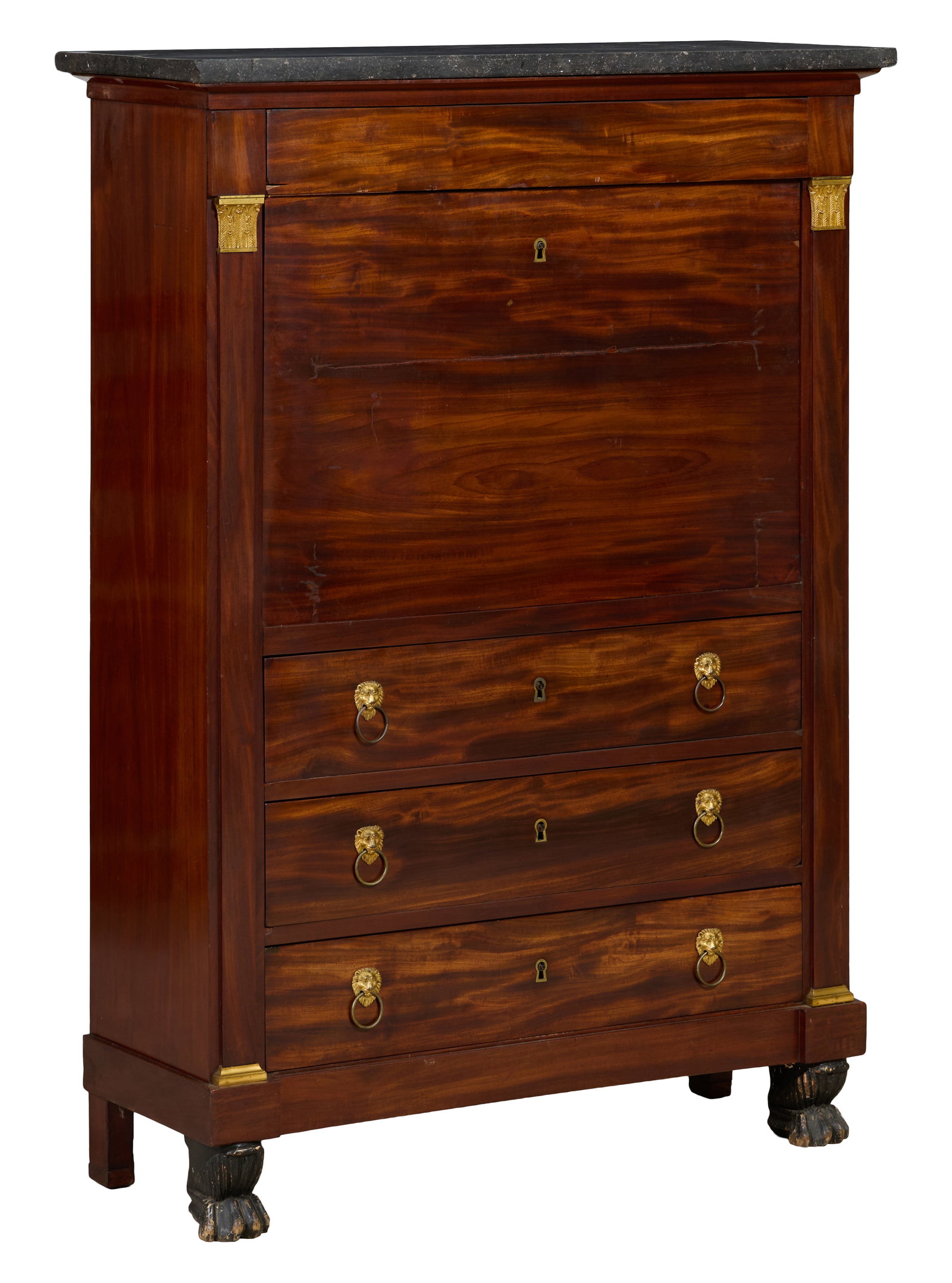 French Empire Style Marble Top Secretaire a Abattant, mid 19th c., H.- 53 3/4 in., W.- 38 1/2 in., (1 of 3)
