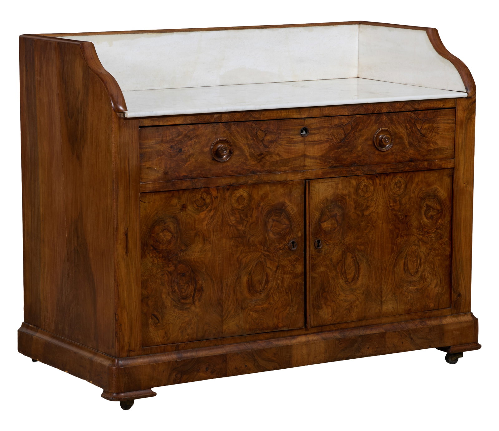 French Louis Philippe Marble Top Burled Walnut Wash Cabinet, mid 19th c., H.- 35 3/4 in., W.- 46 (1 of 2)