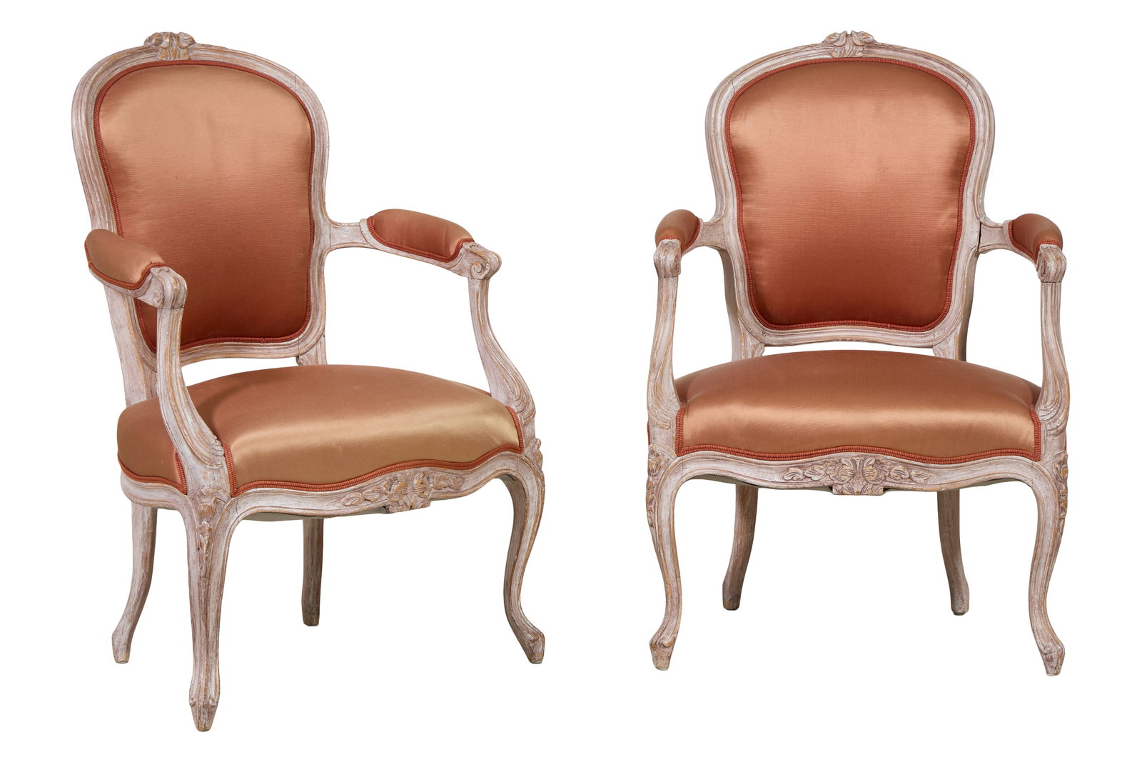 Pair of French Louis XV Style Creme Peinte Fauteuils, mid 20th c., Each- H.- 35 1/4 in., W.- 24 1/4 (1 of 1)