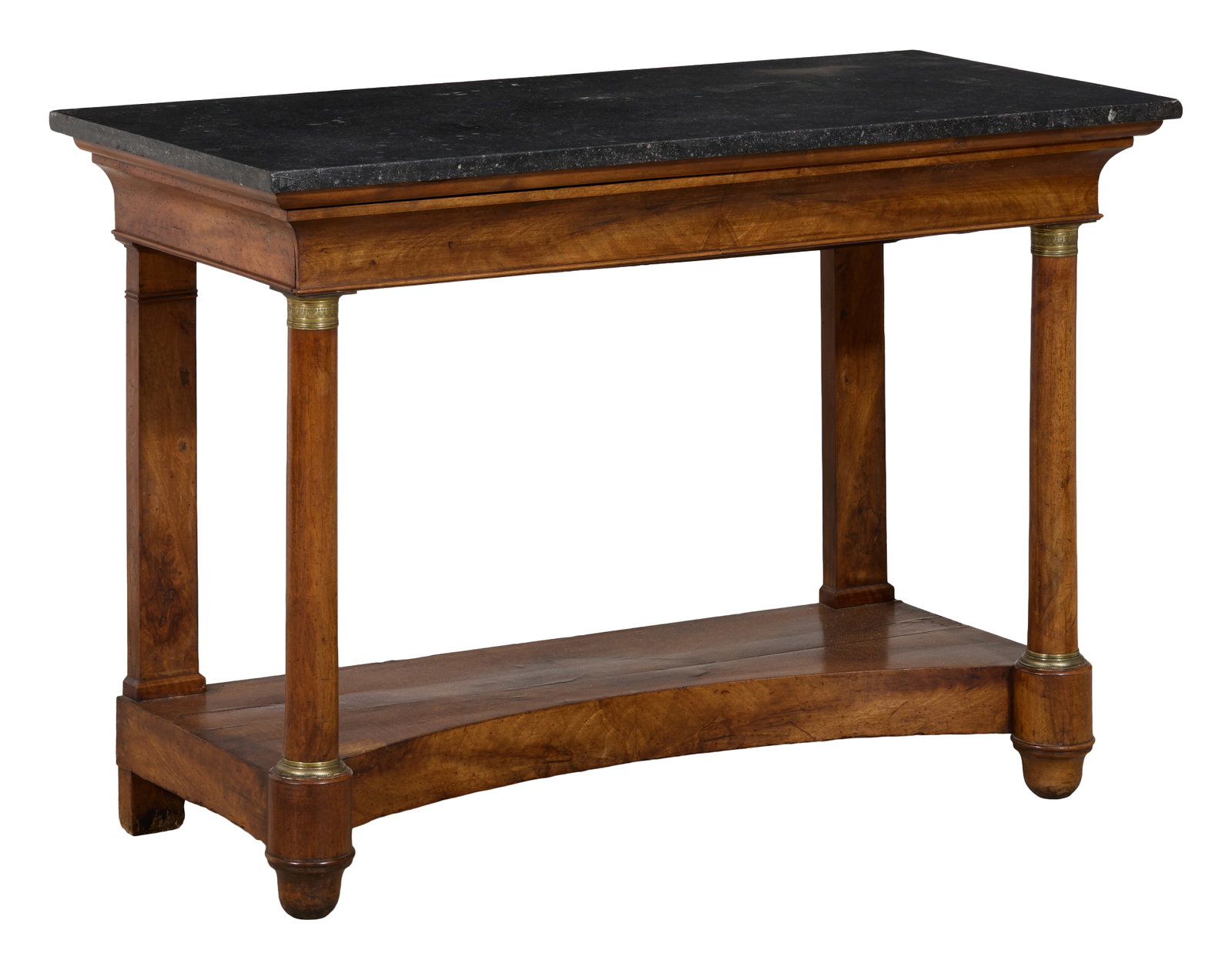 French Empire Marble Top Walnut Console, early 19th c., H.- 34 in., W.- 48 3/4 in., D.- 22 3/4 in. (1 of 2)