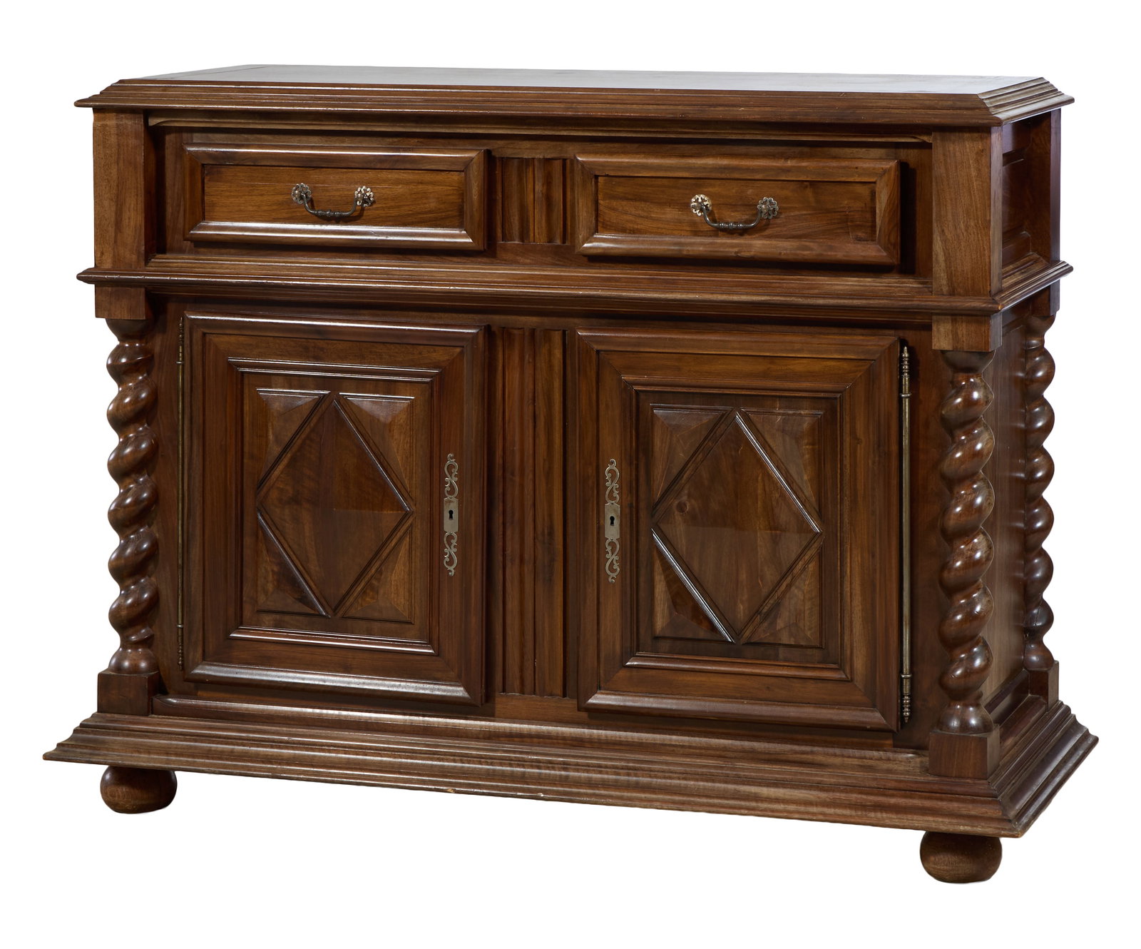 French Louis XIII Style Walnut Sideboard, early 20th c., H.- 49 in., W.- 62 in., D.- 23 3/4 in.: French Louis XIII Style Walnut Sideboard, early 20th c., the moulded rectangular top over two frieze drawers, two lozenge raised panel doors, barley twist stiles over stepped base, bun feet, H.- 49 in