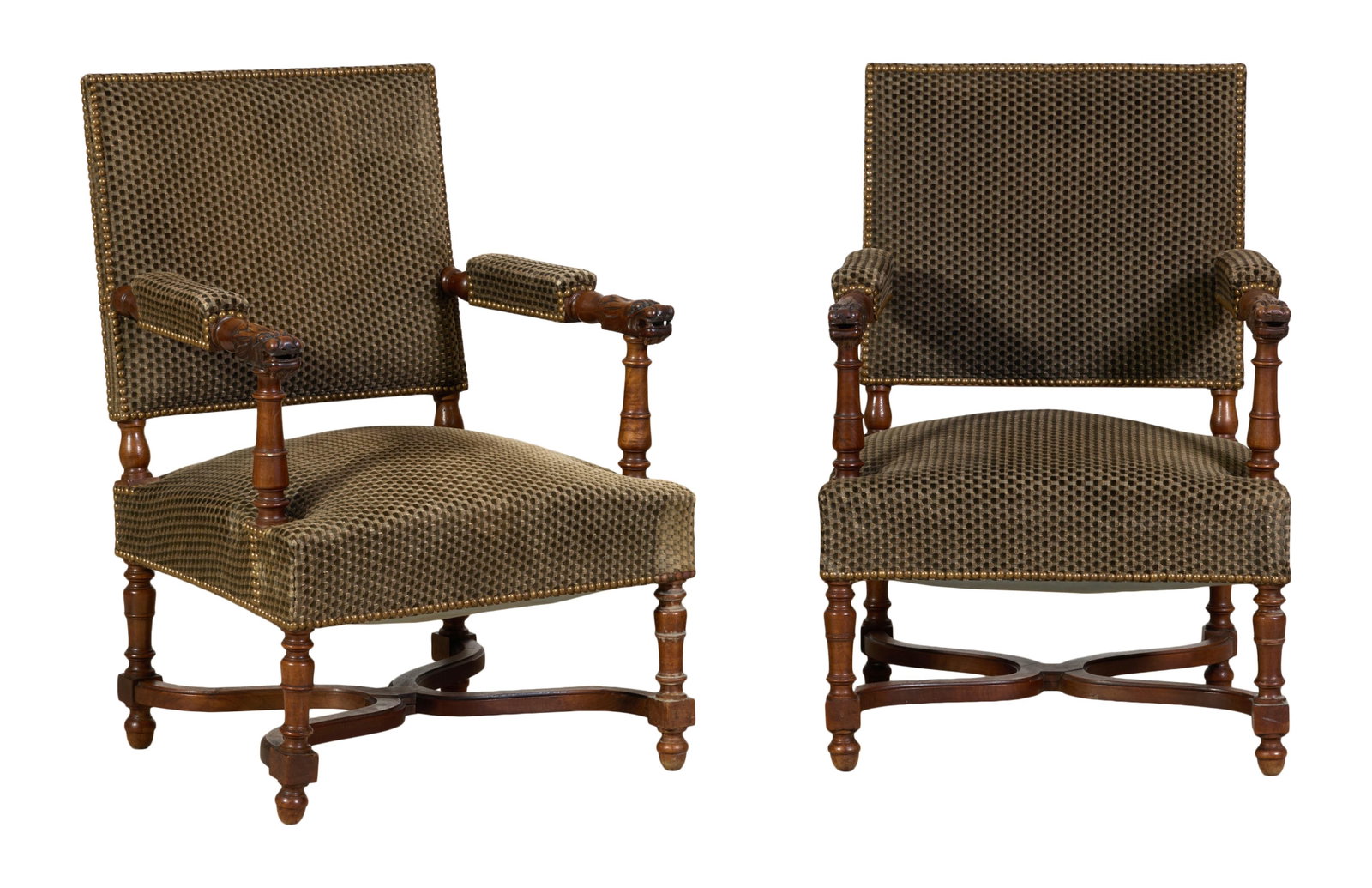 Pair of French Henri II Style Carved Walnut Fauteuils, late 19th c., Each- H.- 35 in., D.- 24 in., (1 of 3)
