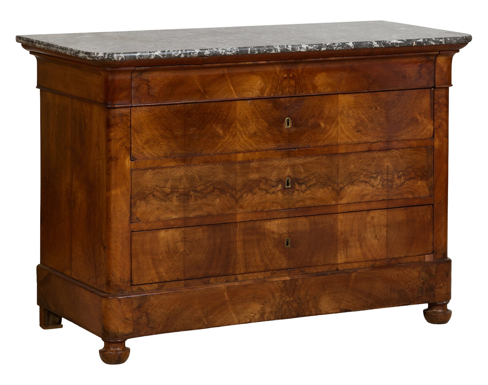 French Louis Philippe Marble Top Burled Walnut Commode, mid 19th c., H.- 36 in., W.- 51 3/4 in., D.-: French Louis Philippe Marble Top Burled Walnut Commode, mid 19th c., the marble top with rounded corners, cyma frieze drawer over three drawers, molded base, toupie feet, H.- 36 in., W.- 51 3/4 in., D