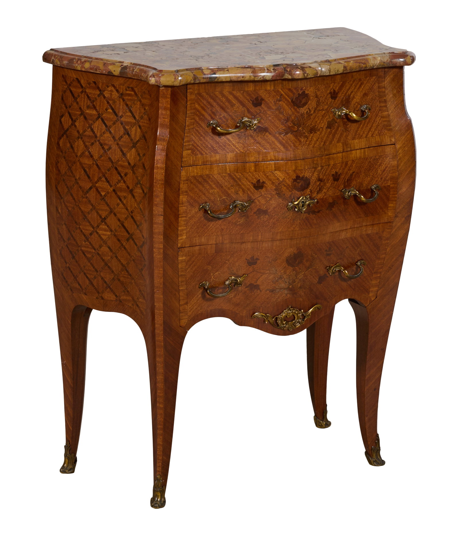 French Louis XV/XVI Transitional Marquetry Parquetry Marble Top Bombe Commode, early 20th c., H.- 32 (1 of 2)
